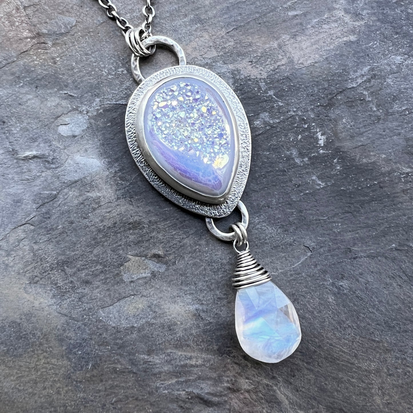 Sterling Silver Rainbow Moonstone and Druzy Necklace | Handmade One-of-a-Kind Stone Pendant