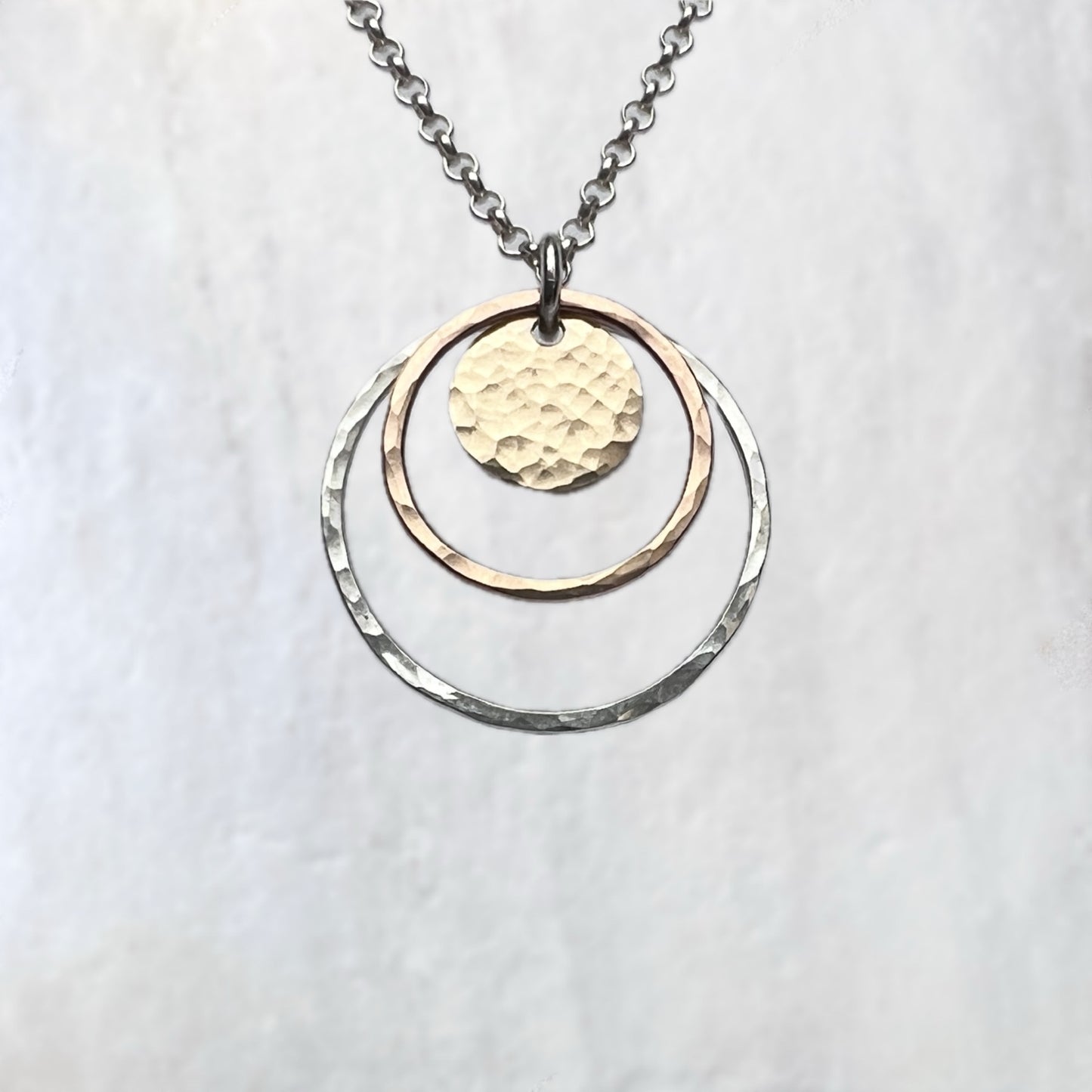 14k Goldfill and Sterling Silver Necklace | Mixed Metal Hammered Gold and Silver Circles Pendant Necklace