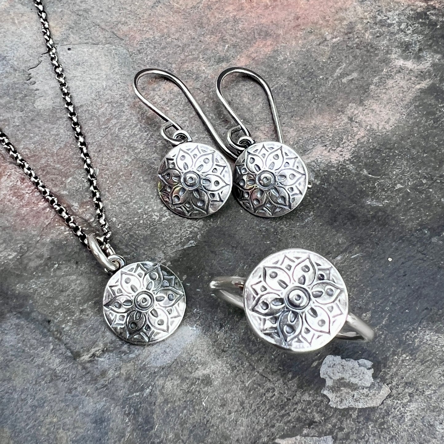 Sterling Silver Small Flower Medallion Necklace | Stamped Silver Circle Pendant on Lightweight Chain