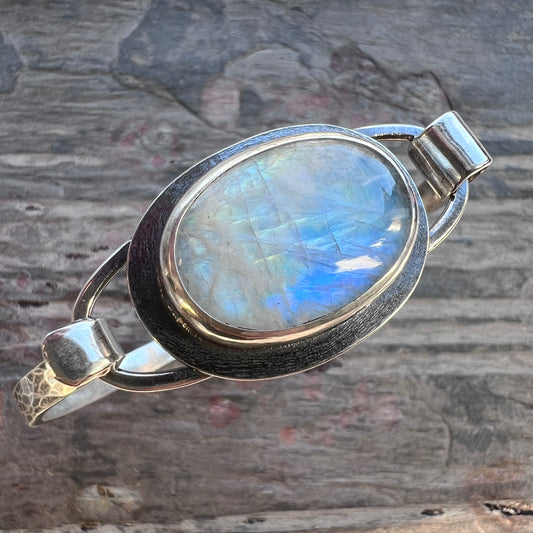 Rainbow Moonstone Sterling Silver Bracelet | Artisan Silver Cuff Bracelet