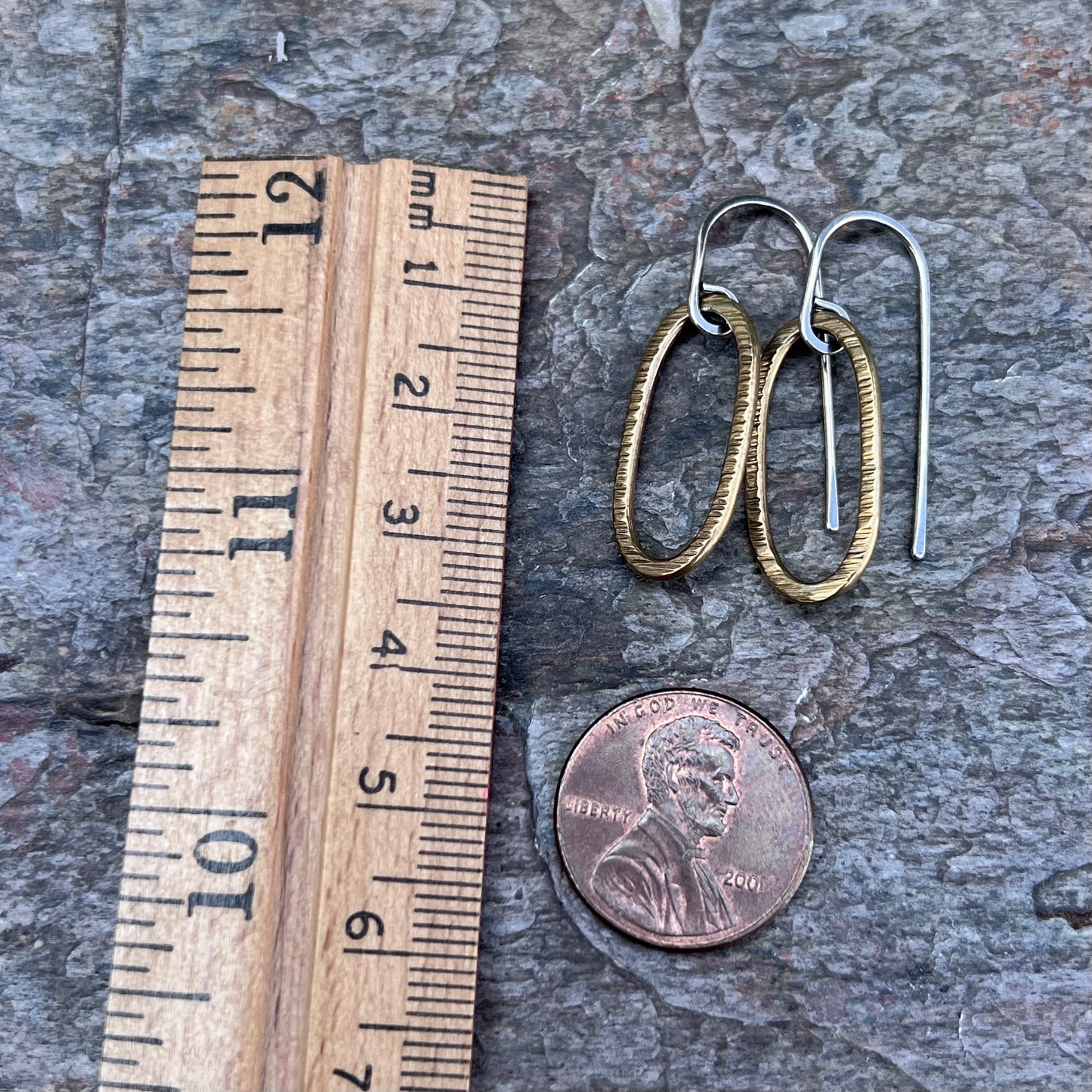 Brass and Sterling Silver Mixed Metal Earrings - Golden Brass Elongated Ovals on Handmade Sterling Silver Earwires