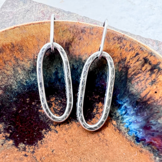 Long Link Sterling Silver Earrings Minimalist Solid Silver Hammered Dangle Drop Earrings
