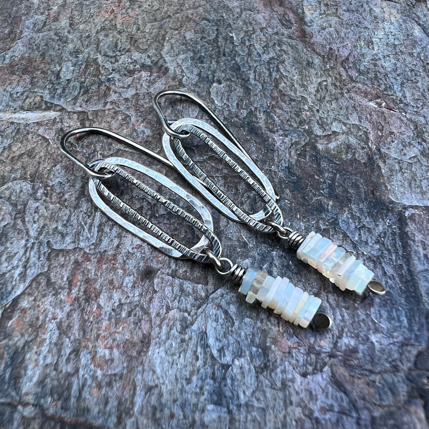 Genuine Opal Sterling Silver Earrings - Natural Opal on Elongated Hammered Dangles