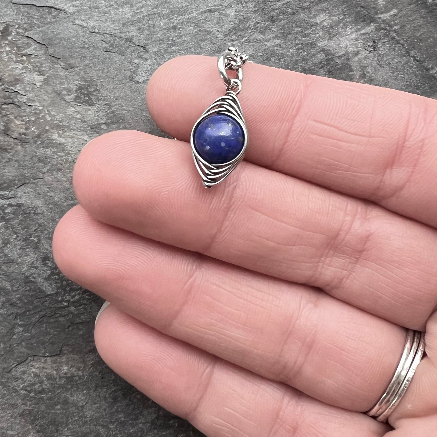 Sterling Silver Lapis Lazuli Necklace | Blue Natural Stone Wire-wrapped Pendant
