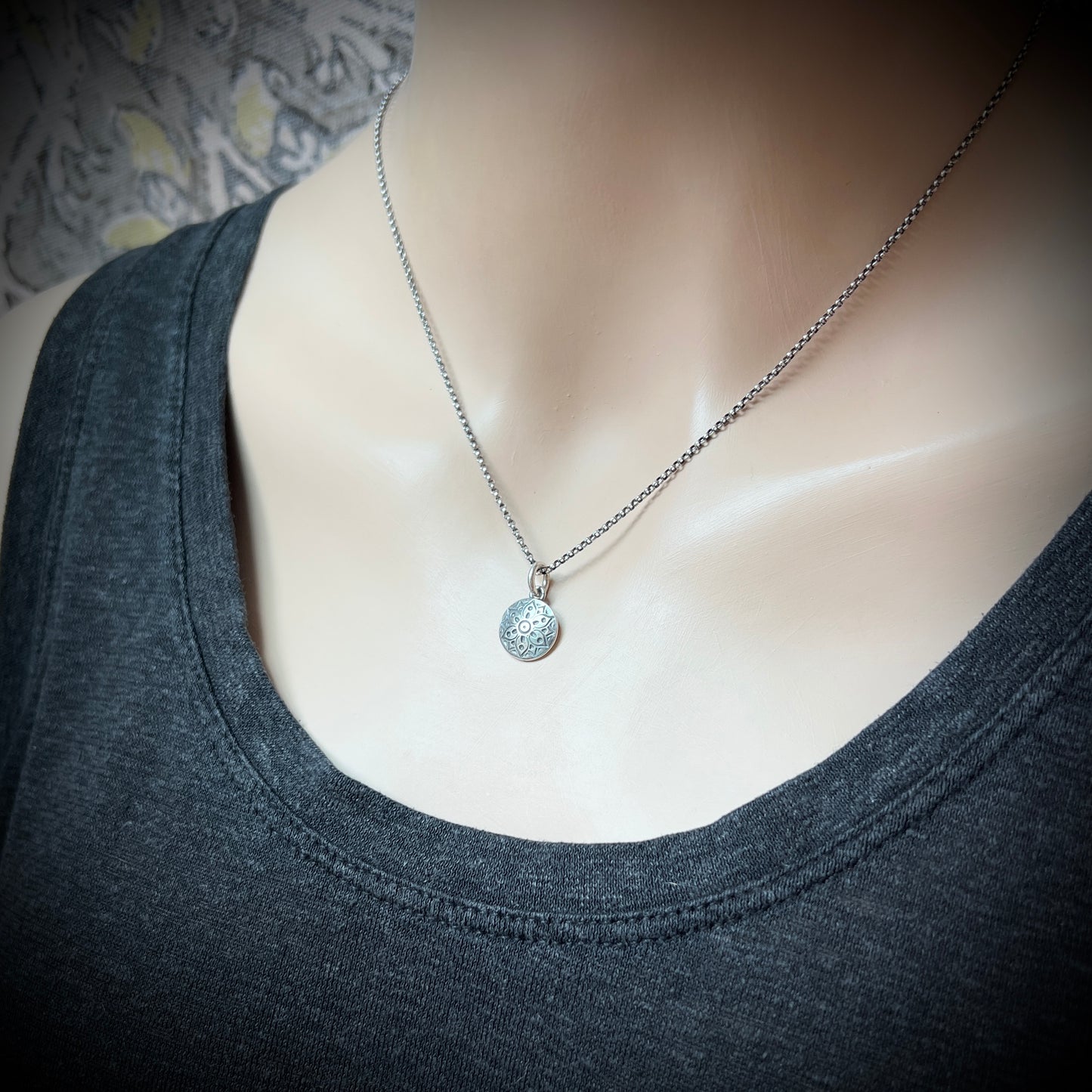 Sterling Silver Small Flower Medallion Necklace | Stamped Silver Circle Pendant on Lightweight Chain