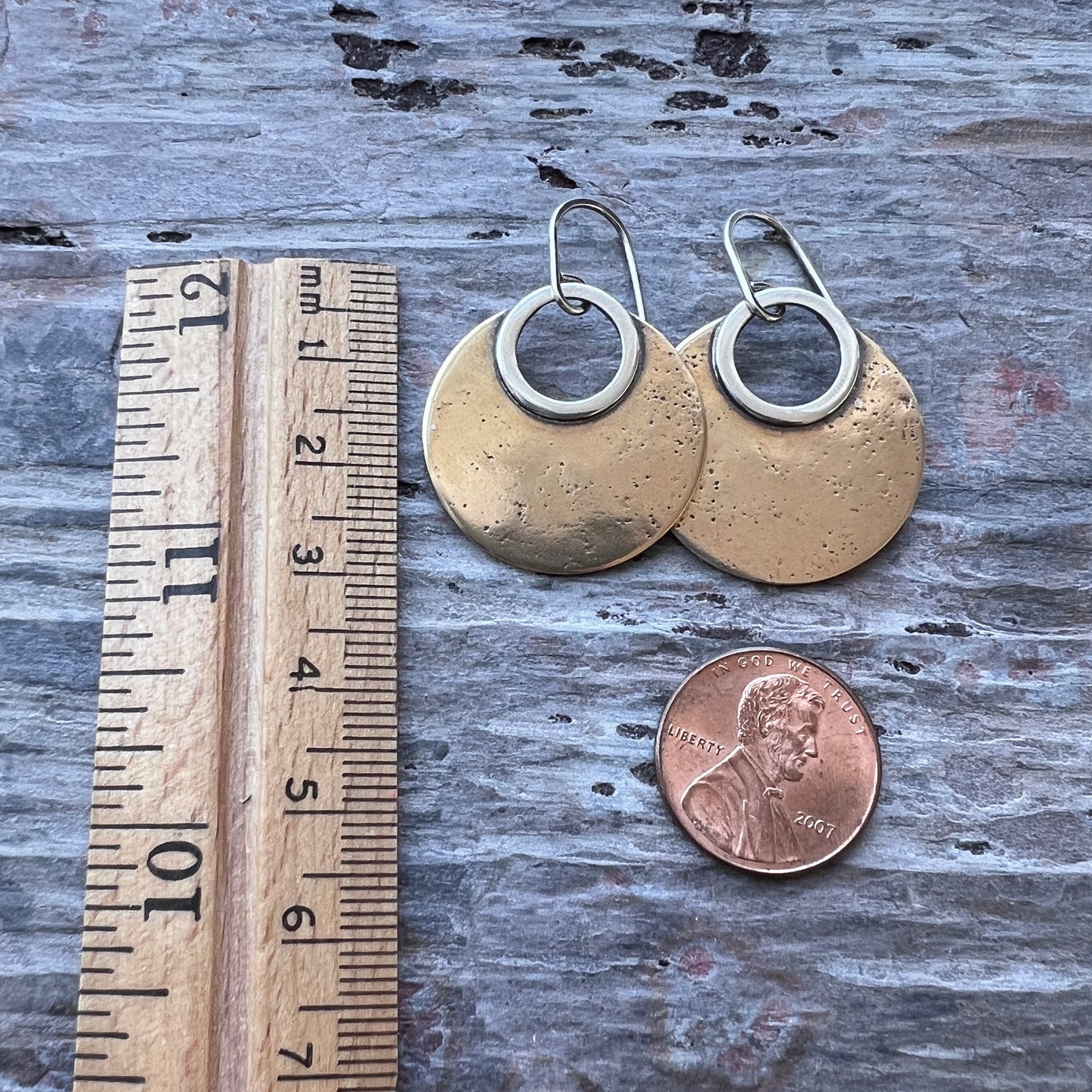 Sterling Silver and Gold Brass Earrings | Mixed Metal Modern Circle Dangle Earrings