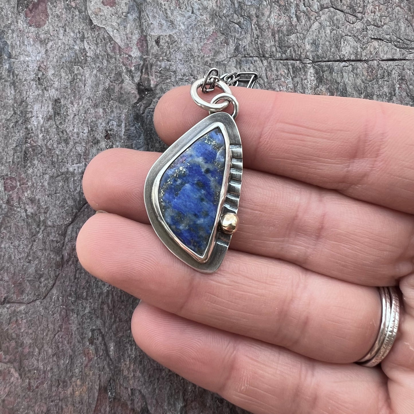 Sterling Silver Lapis Necklace One of a Kind Natural Stone Freeform Blue Pendant