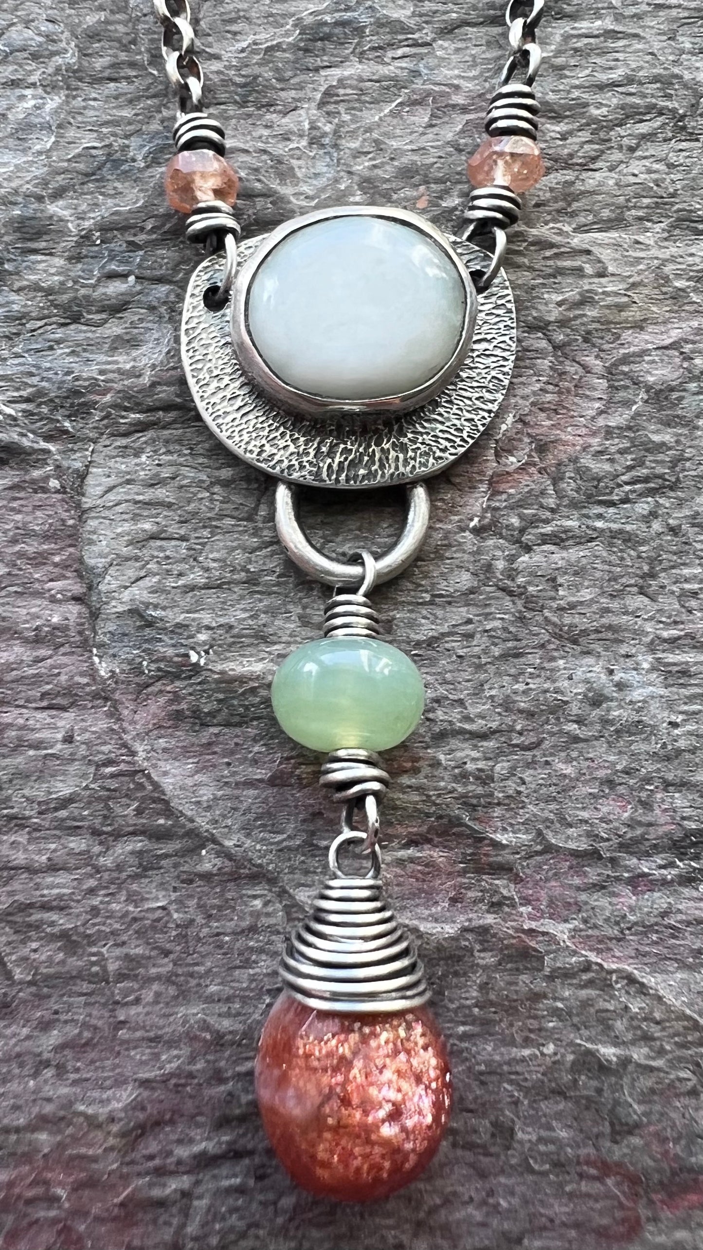 Peruvian Opal and Sunstone Sterling Silver Necklace - Handmade Pendant on Sterling Silver Chain
