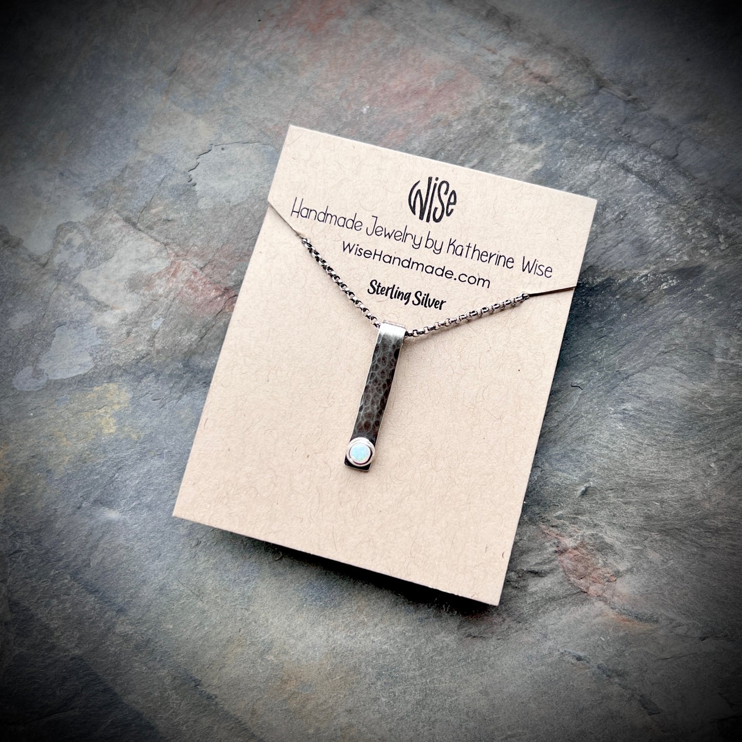 Opal and Sterling Silver Bar Necklace - Hammered Sterling Silver Bar and Simulated Opal Cabochon Pendant Necklace