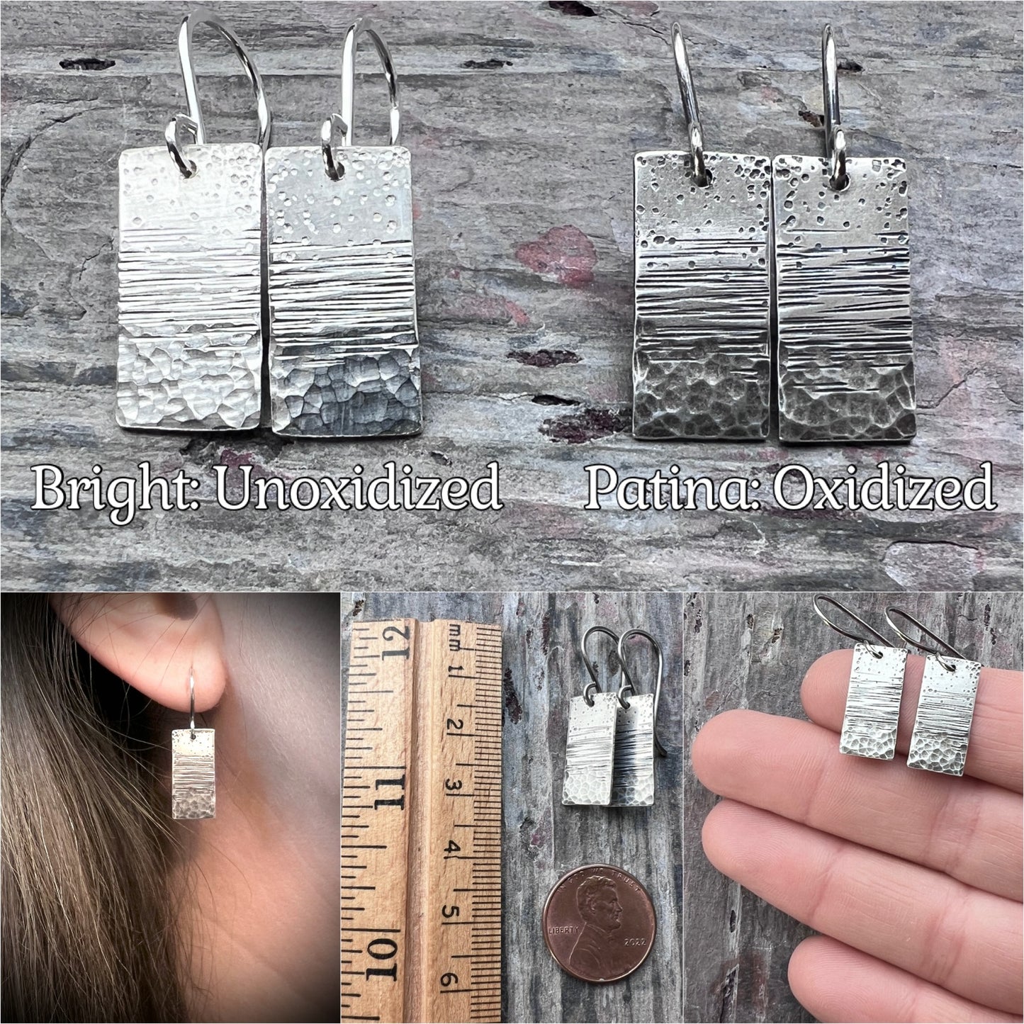 Sterling Silver Hammered Earrings | Artsy Multi Textured Rectangle Earrings