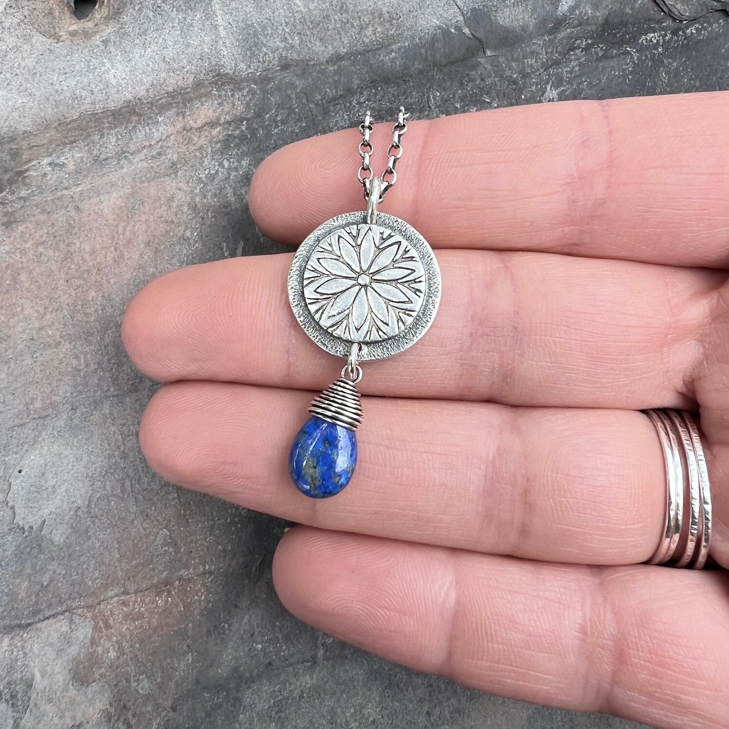Sterling Silver Lapis Lazuli Necklace | Stamped Flower and Blue Stone Teardrop Pendant