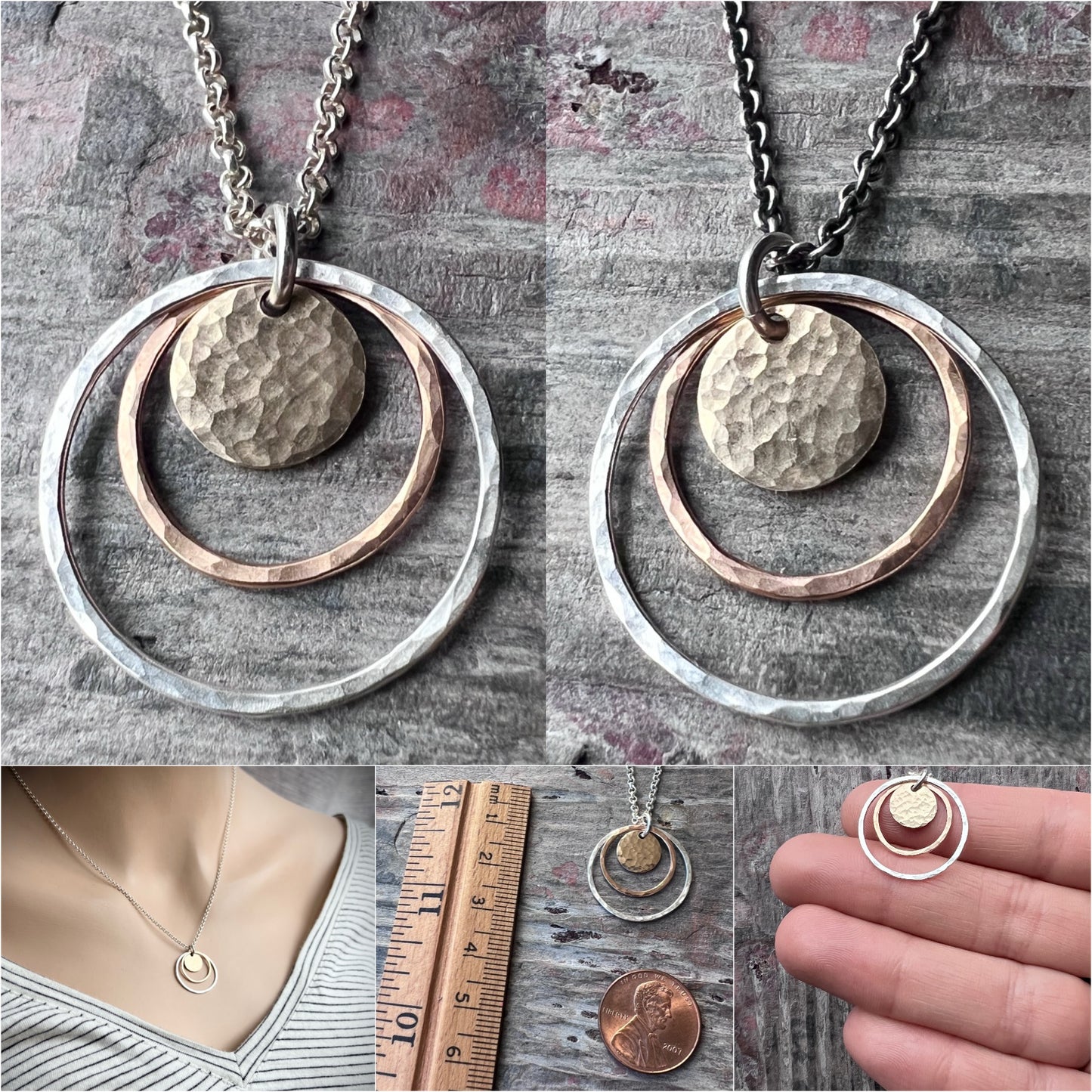 14k Goldfill and Sterling Silver Necklace | Mixed Metal Hammered Gold and Silver Circles Pendant Necklace