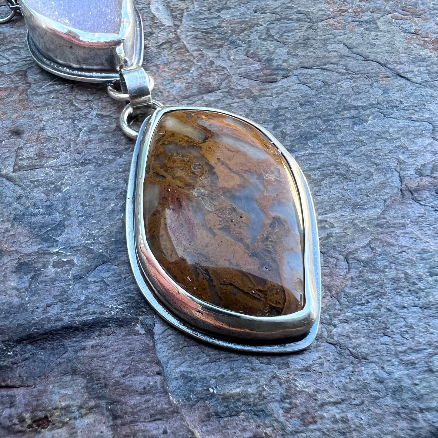 Sterling Silver Ocean Jasper and Druzy Necklace - Handmade One-of-a-kind Pendant on Sterling Silver Chain