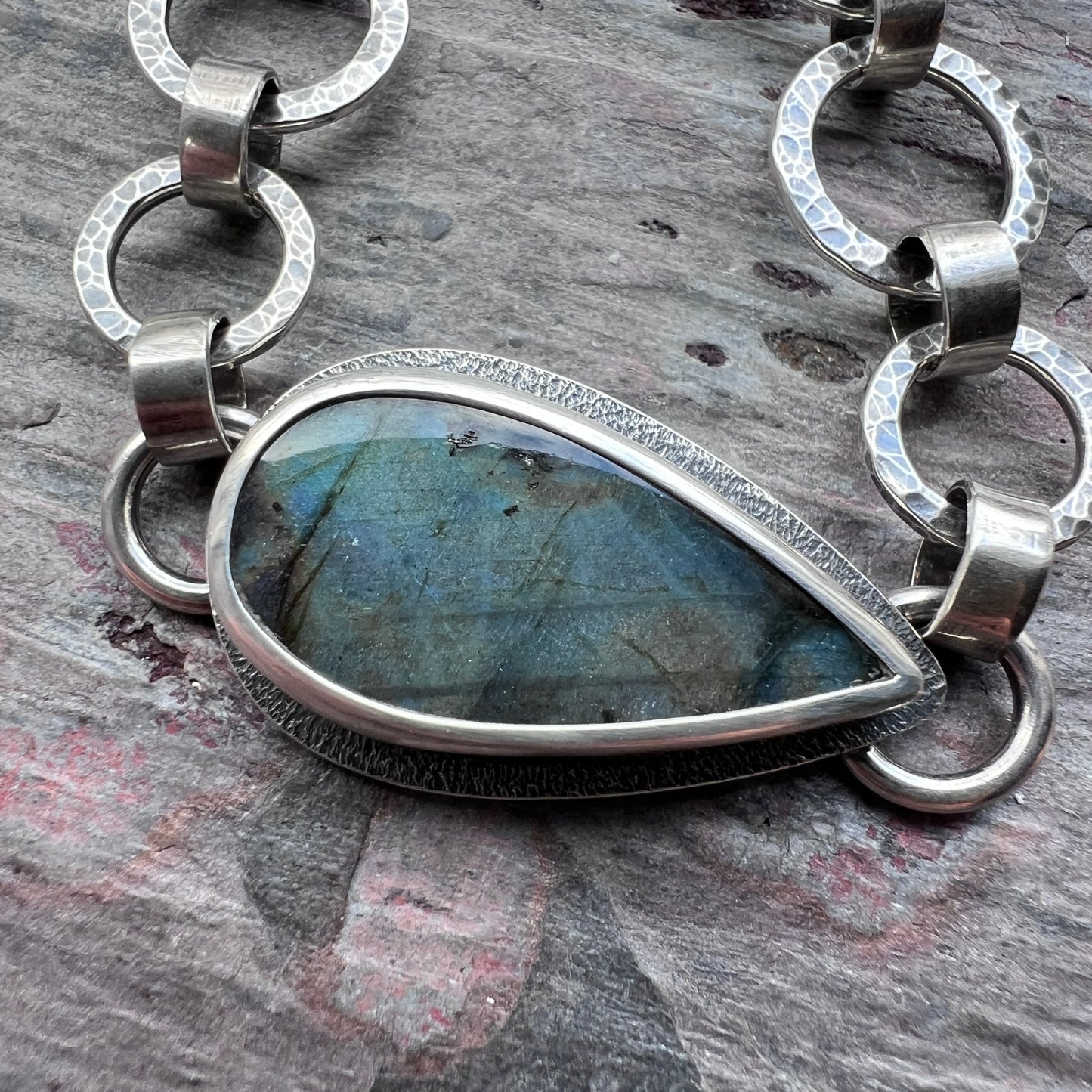Labradorite Sterling Silver Bracelet | One-of-a-kind Natural Stone Hammered Link Bracelet