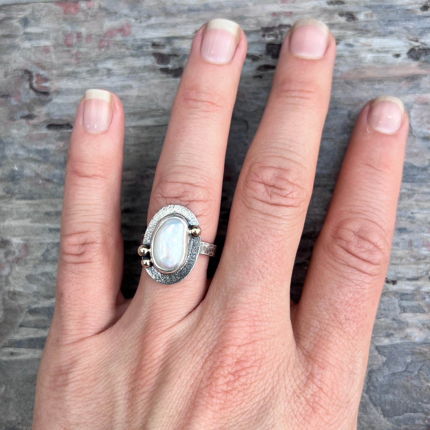 Sterling Silver Baroque Pearl Ring | Genuine Natural Pearl with Golden Brass Accents - Size 7.75