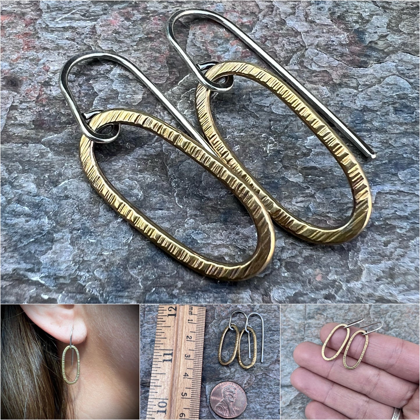 Brass and Sterling Silver Mixed Metal Earrings - Golden Brass Elongated Ovals on Handmade Sterling Silver Earwires