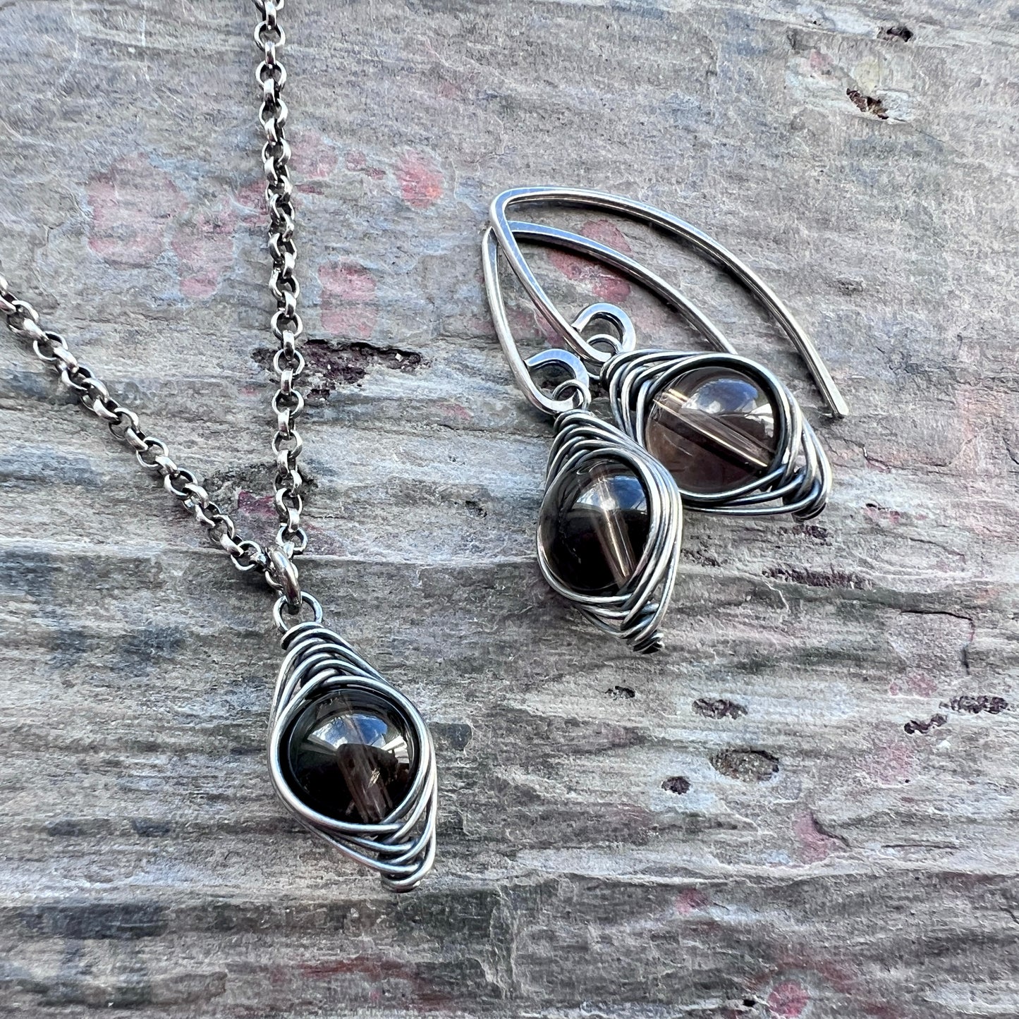 Sterling Silver Smoky Quartz Earrings | Brown Natural Stone Wire-wrapped Dangle Earrings