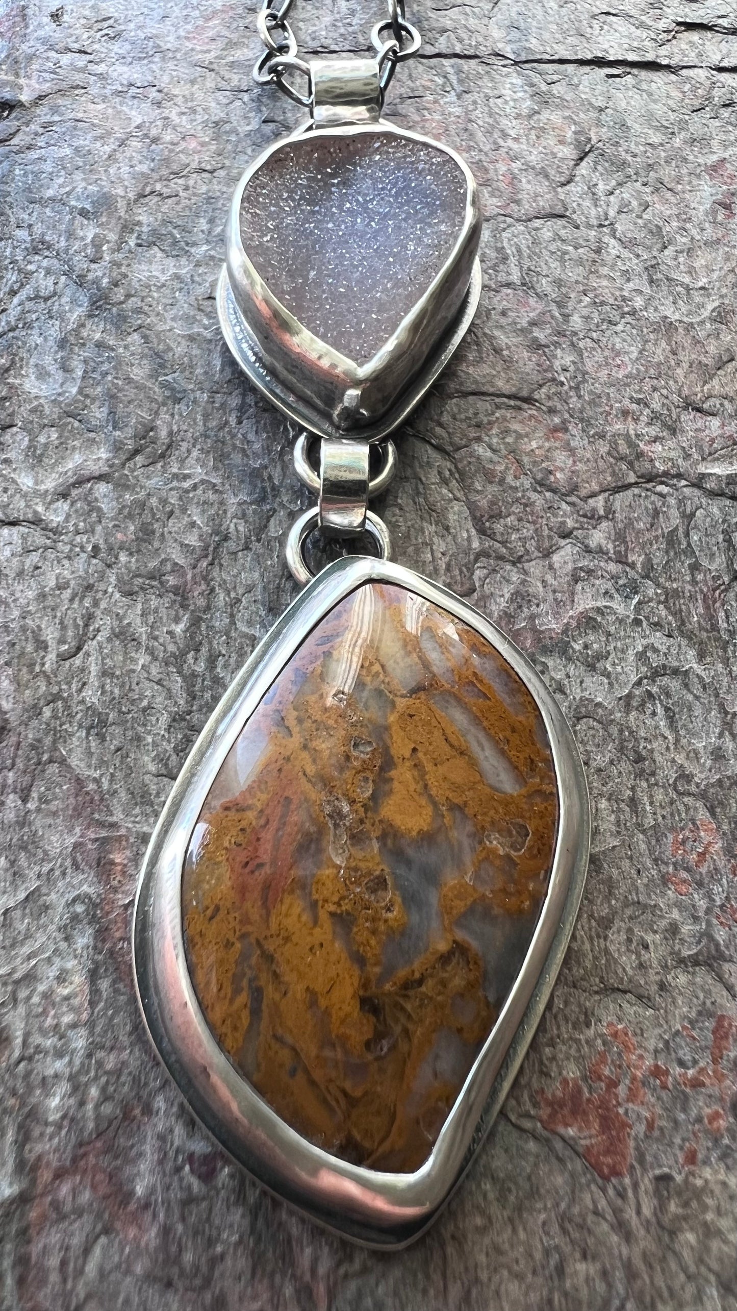 Sterling Silver Ocean Jasper and Druzy Necklace - Handmade One-of-a-kind Pendant on Sterling Silver Chain