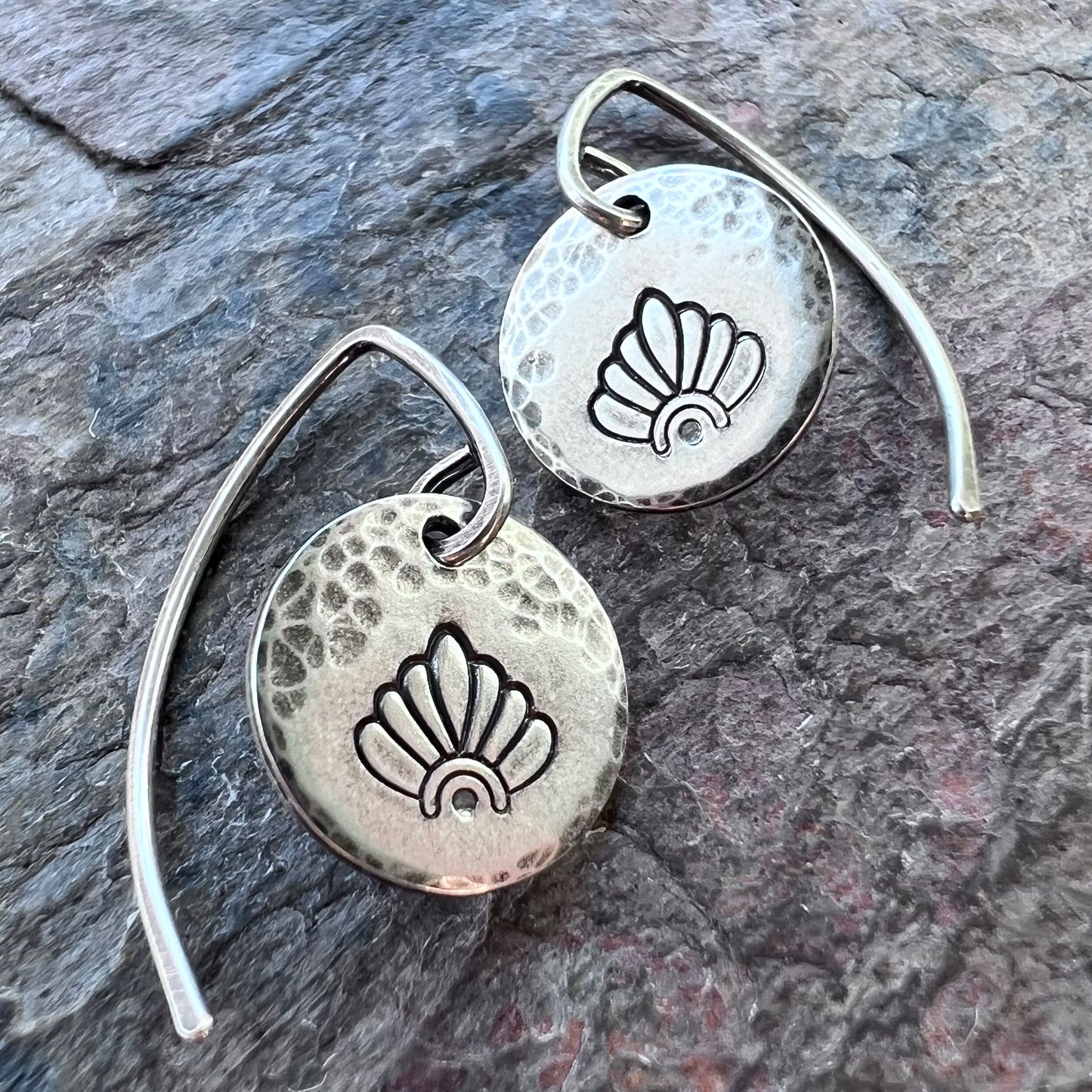 Sterling Silver Stamped Flower Petal Earrings | Small Hammered Circle Dangle Earrings