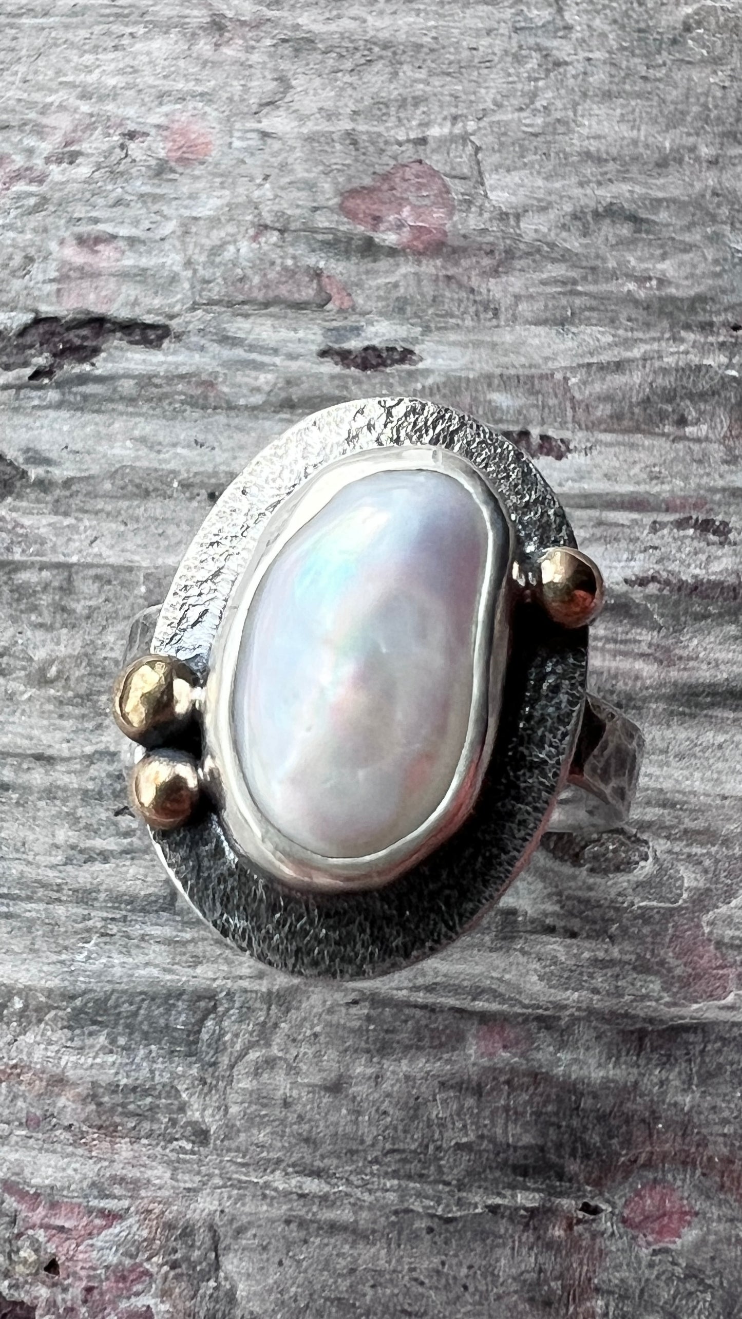 Sterling Silver Baroque Pearl Ring | Genuine Natural Pearl with Golden Brass Accents - Size 7.75