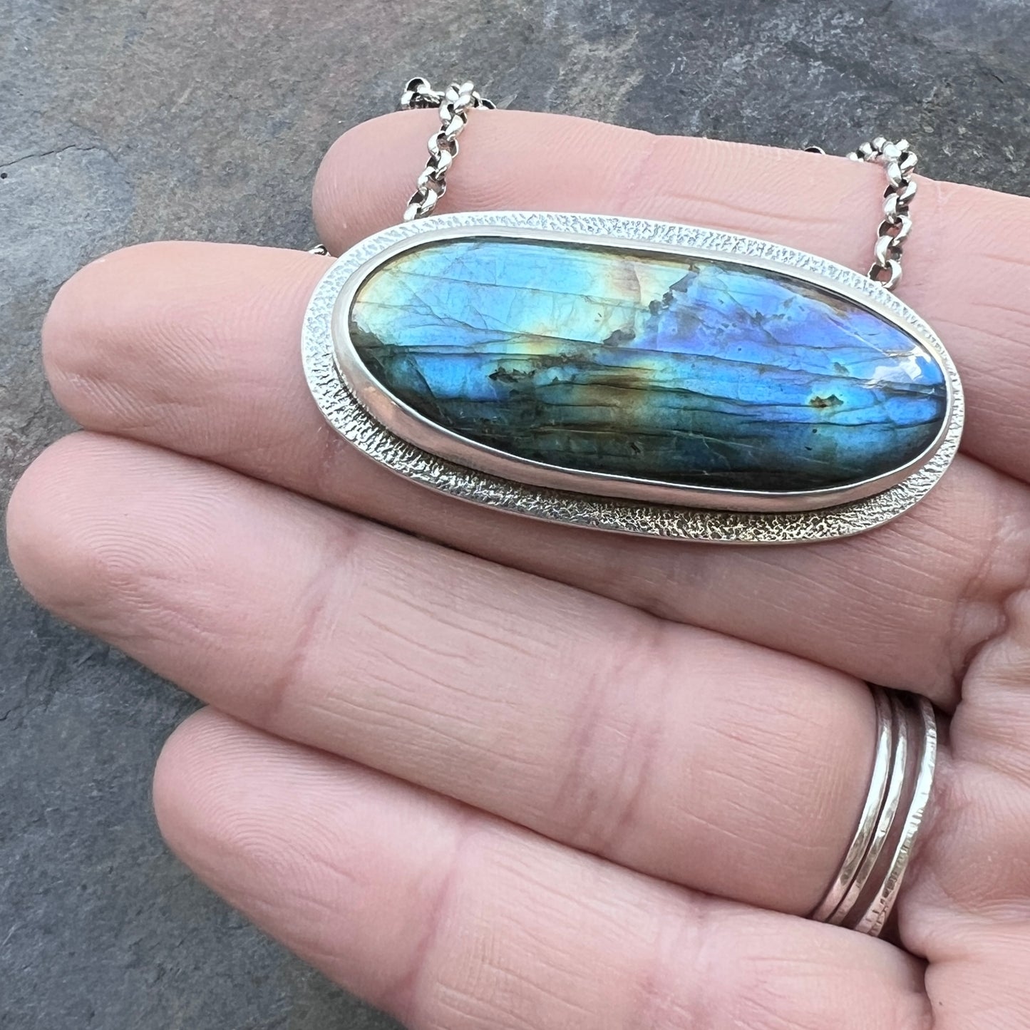 Sterling Silver Labradorite Necklace | Natural Stone Wide Oval Pendant