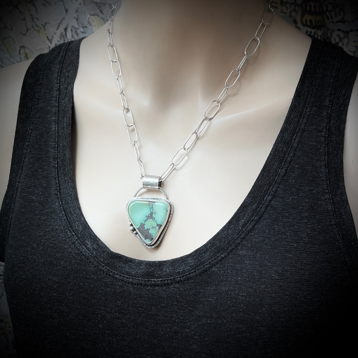 Sterling Silver Turquoise Necklace | Large Genuine Turquoise Pendant on Handmade Chain