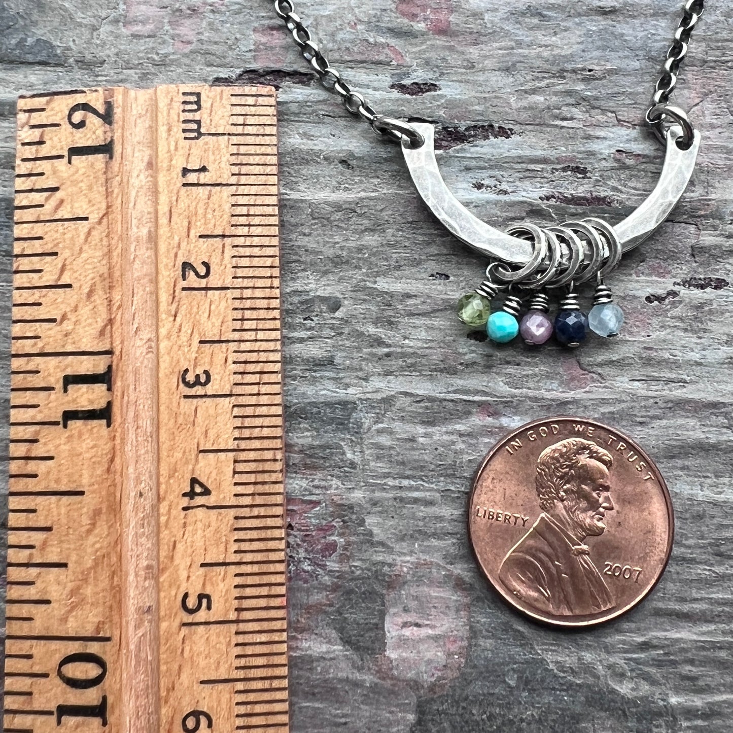 Customizable Sterling Silver Birthstone Necklace | Genuine Gem Charms on Hammered Curve Pendant