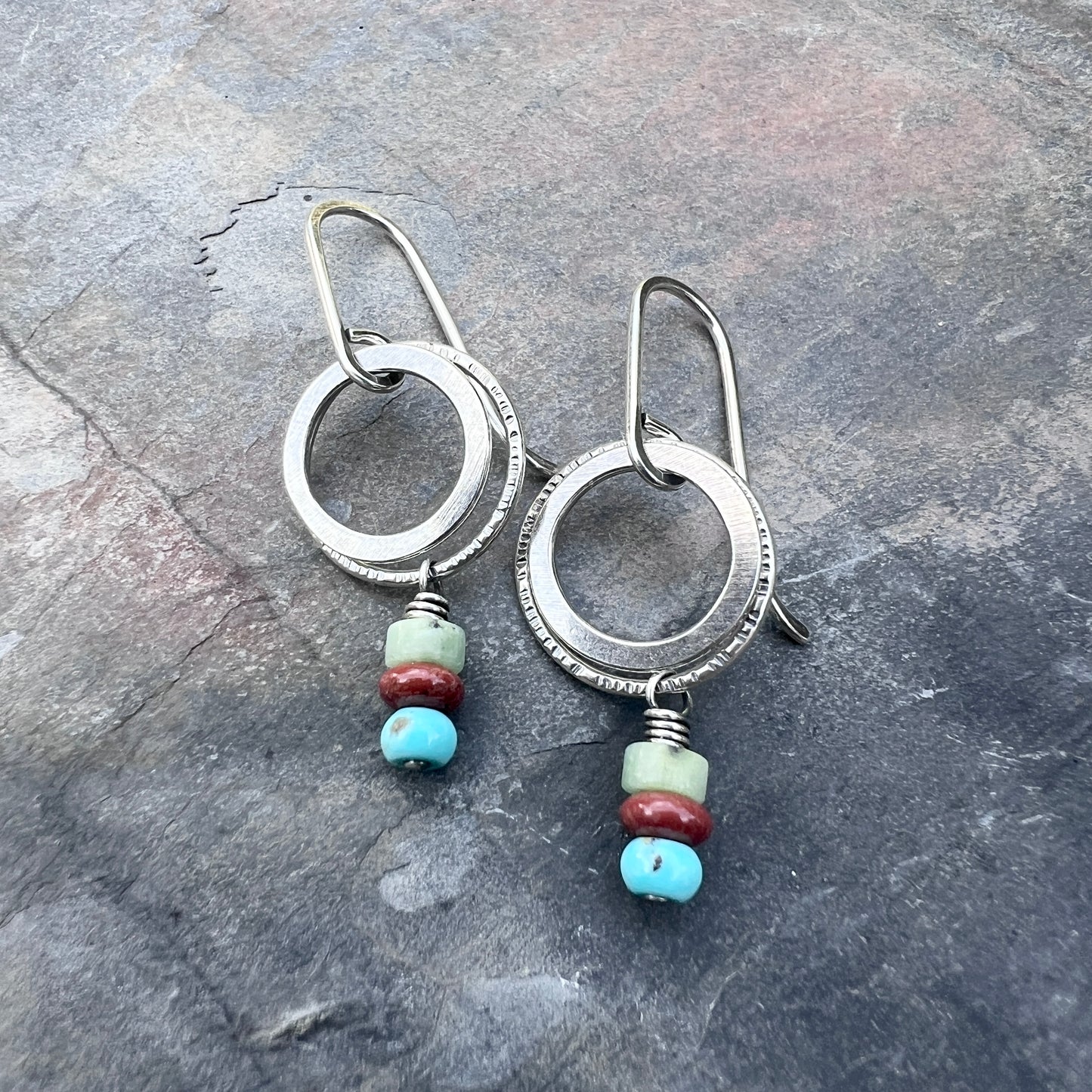 Sterling Silver Natural Stone Earrings | Turquoise, Jasper, and Chrysoprase on Small Hoop Dangles