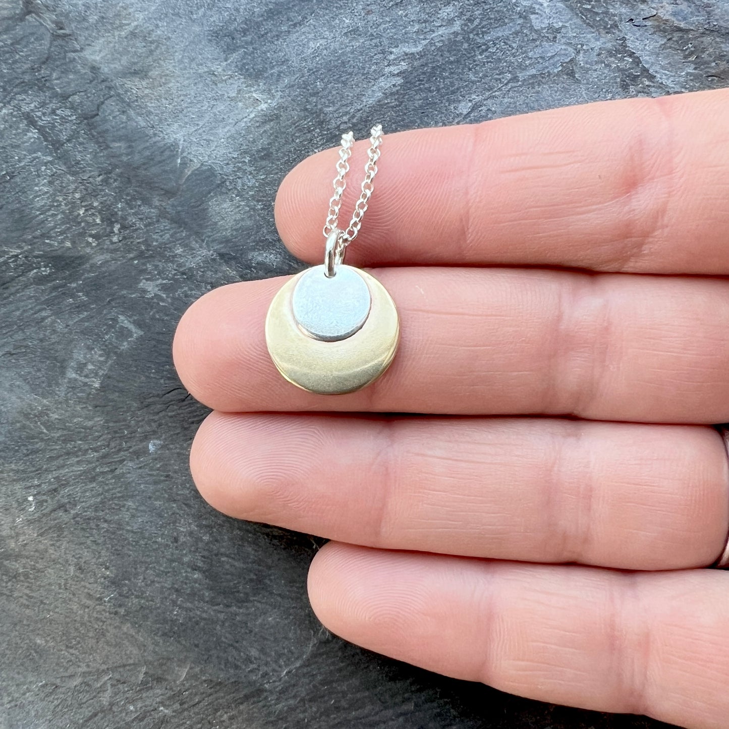 Sterling Silver and Gold Brass Necklace | Mixed Metal Layered Circle Pendant