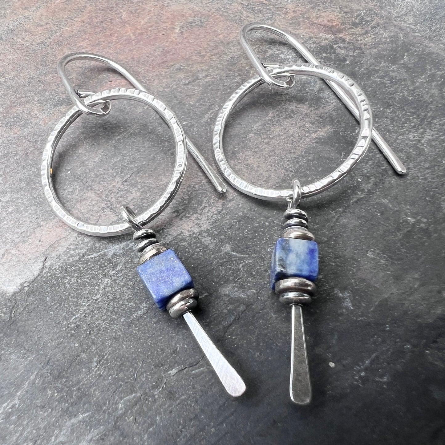 Sterling Silver Lapis Lazuli Earrings | Blue Natural Stone Dangle Hoops
