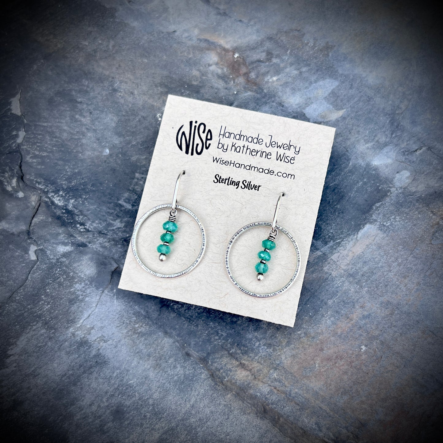 Green Onyx Sterling Silver Earrings | Emerald Green Natural Stone Dangle Hoops