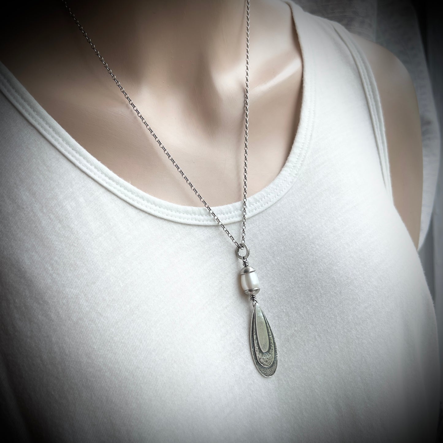 Sterling Silver Teardrop and Pearl Necklace | Hammered Teardrop and White Pearl Pendant