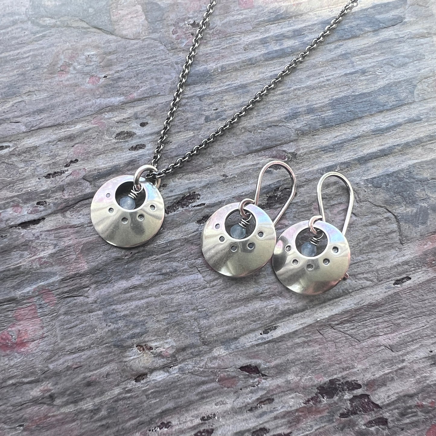 Customizable Sterling Silver Birthstone Earrings | Genuine Gemstone and Stamped Circle Dangle Earrings