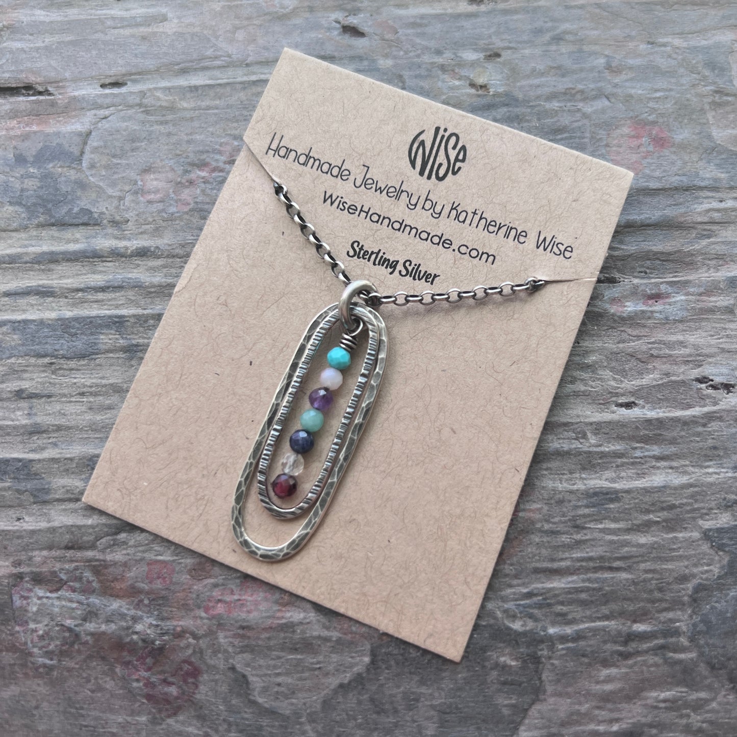 Customizable Sterling Silver Birthstone Necklace | Genuine Gemstone Hammered Long Oval Pendant