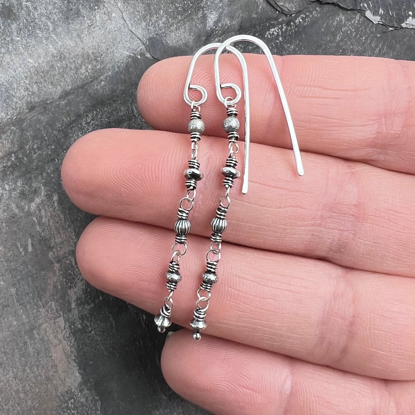 Sterling Silver Beaded Earrings | Wire-wrapped Lightweight Long Dangles