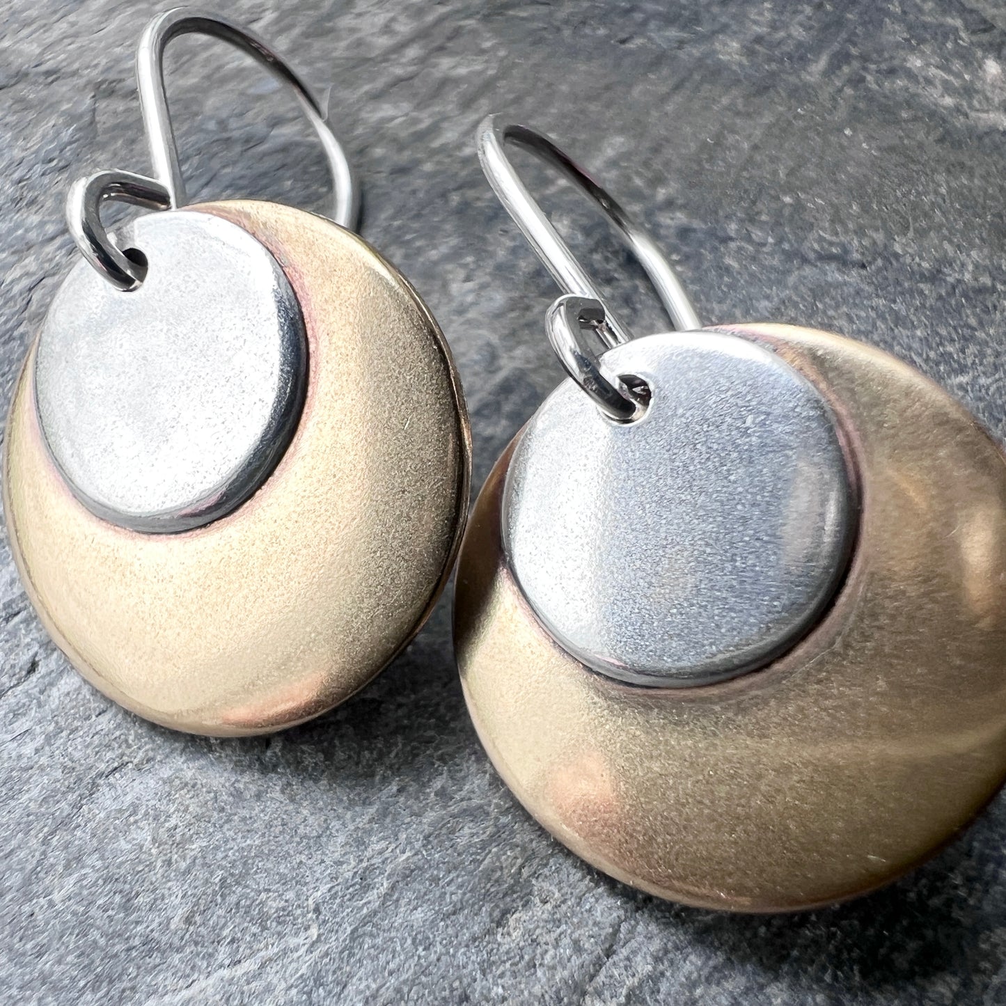 Sterling Silver and Golden Brass Earrings | Mixed Metal Layered Circle Dangles