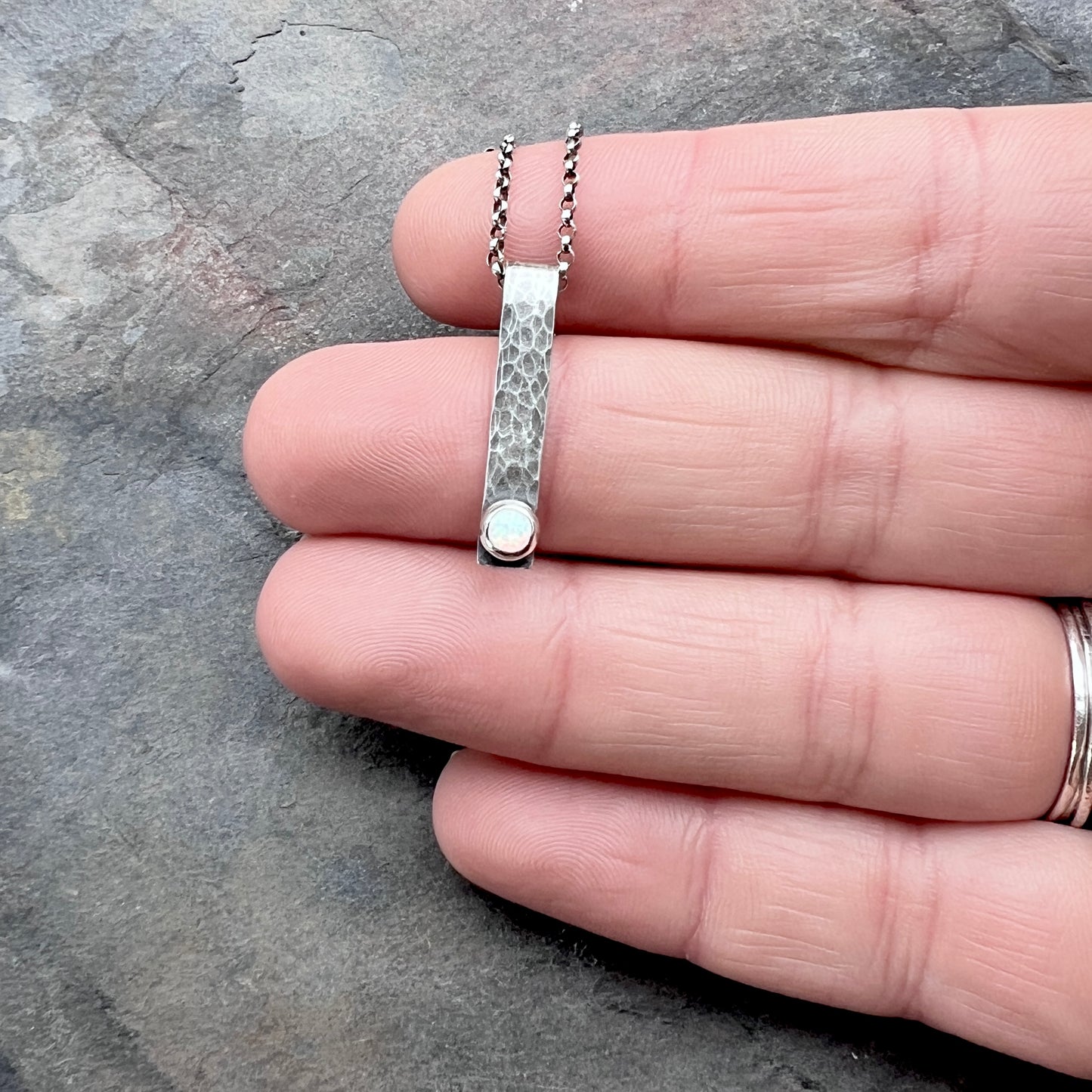 Opal and Sterling Silver Bar Necklace - Hammered Sterling Silver Bar and Simulated Opal Cabochon Pendant Necklace