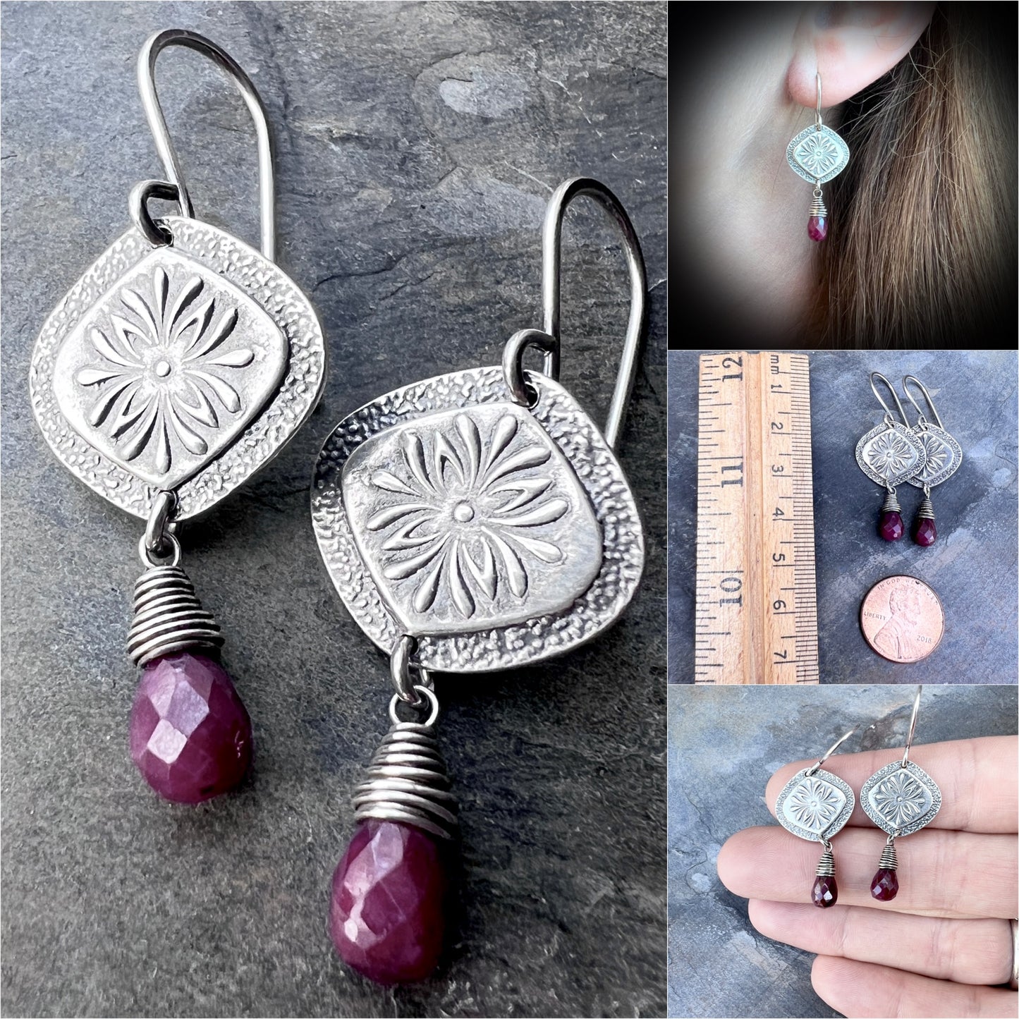 Genuine Ruby Sterling Silver Earrings | Flower Medallion and Ruby Red Teardrop Dangles
