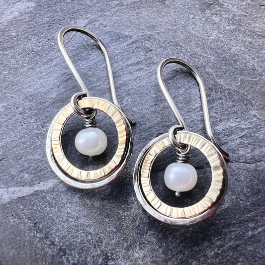 Sterling Silver Mixed Metal Pearl Earrings - Genuine Pearls in Hammered Silver and Brass Dangle Earrings