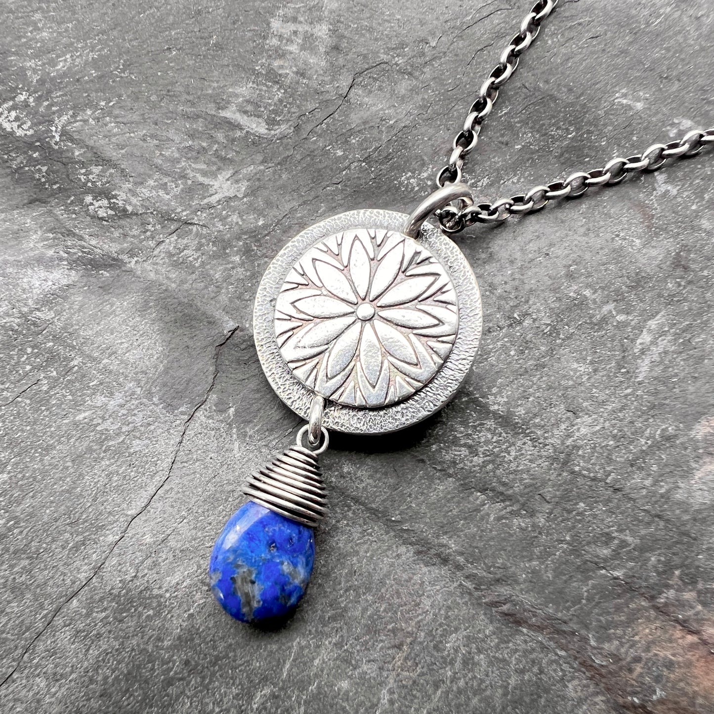 Sterling Silver Lapis Lazuli Necklace | Stamped Flower and Blue Stone Teardrop Pendant