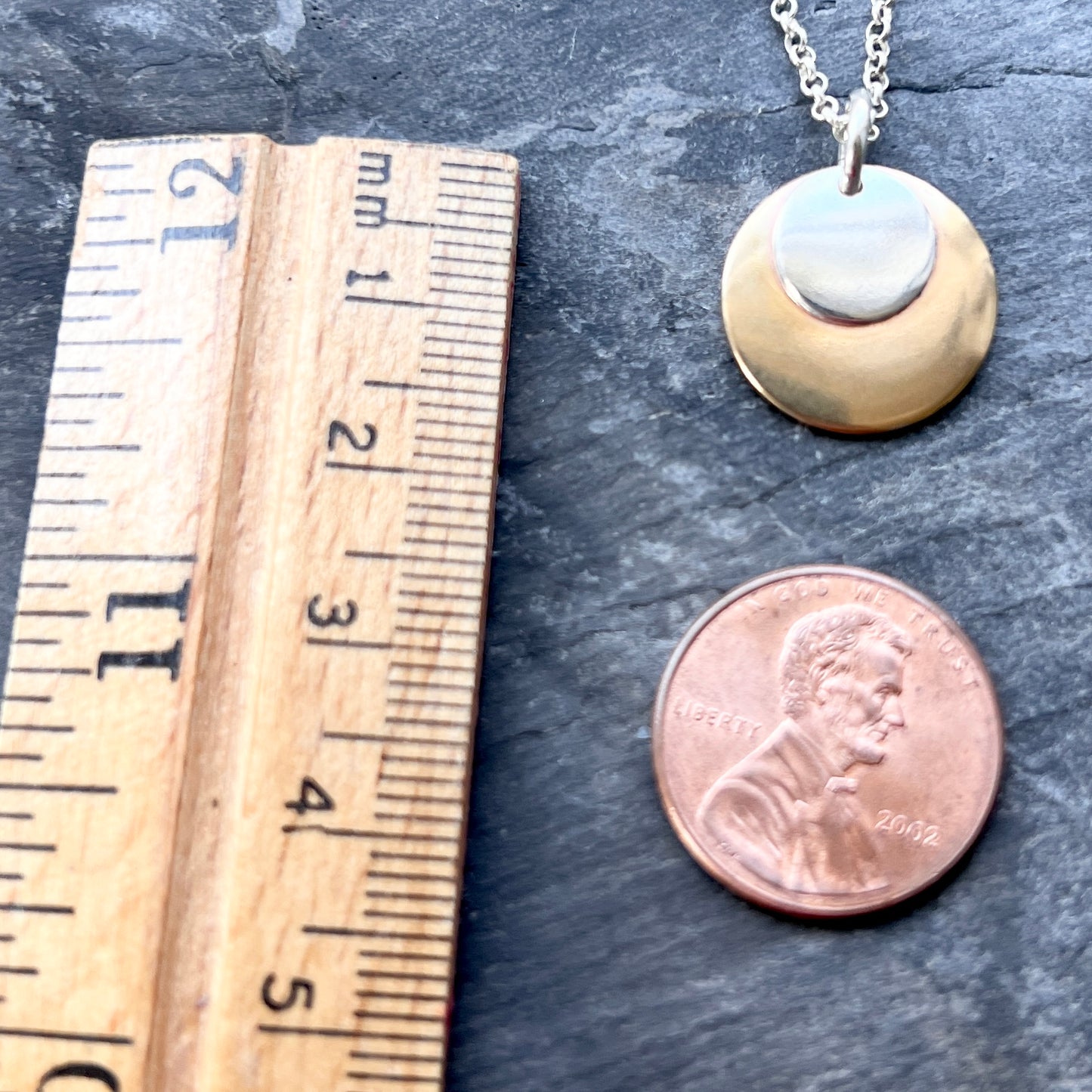 Sterling Silver and Gold Brass Necklace | Mixed Metal Layered Circle Pendant