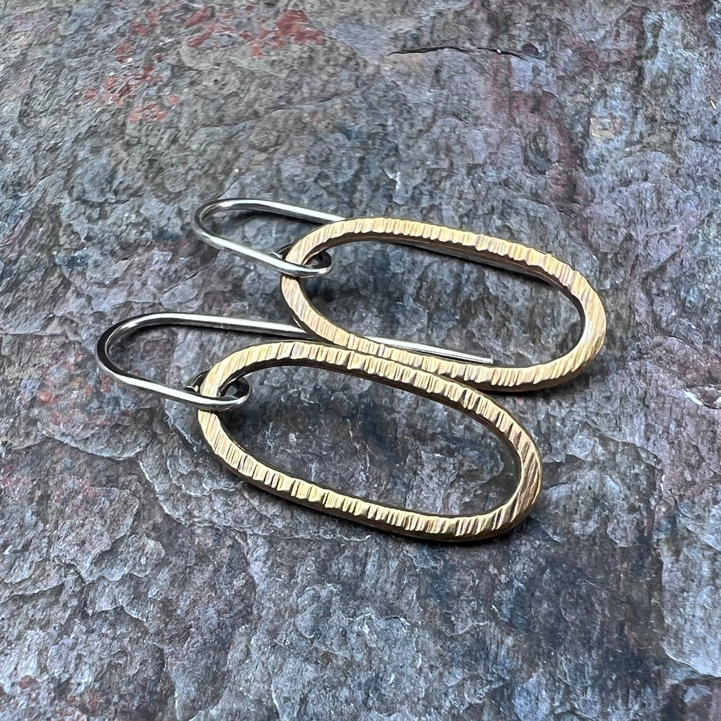 Brass and Sterling Silver Mixed Metal Earrings - Golden Brass Elongated Ovals on Handmade Sterling Silver Earwires