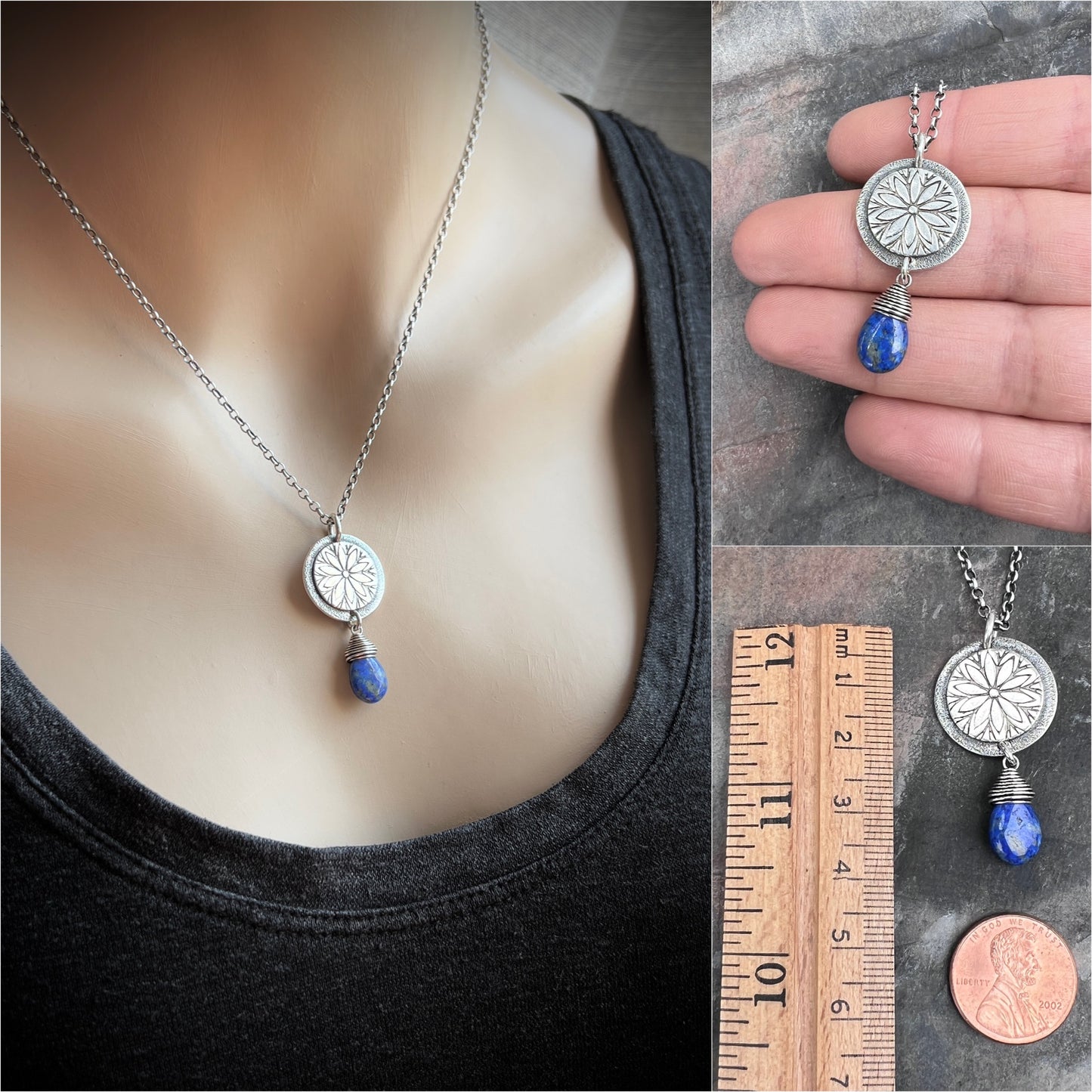 Sterling Silver Lapis Lazuli Necklace | Stamped Flower and Blue Stone Teardrop Pendant