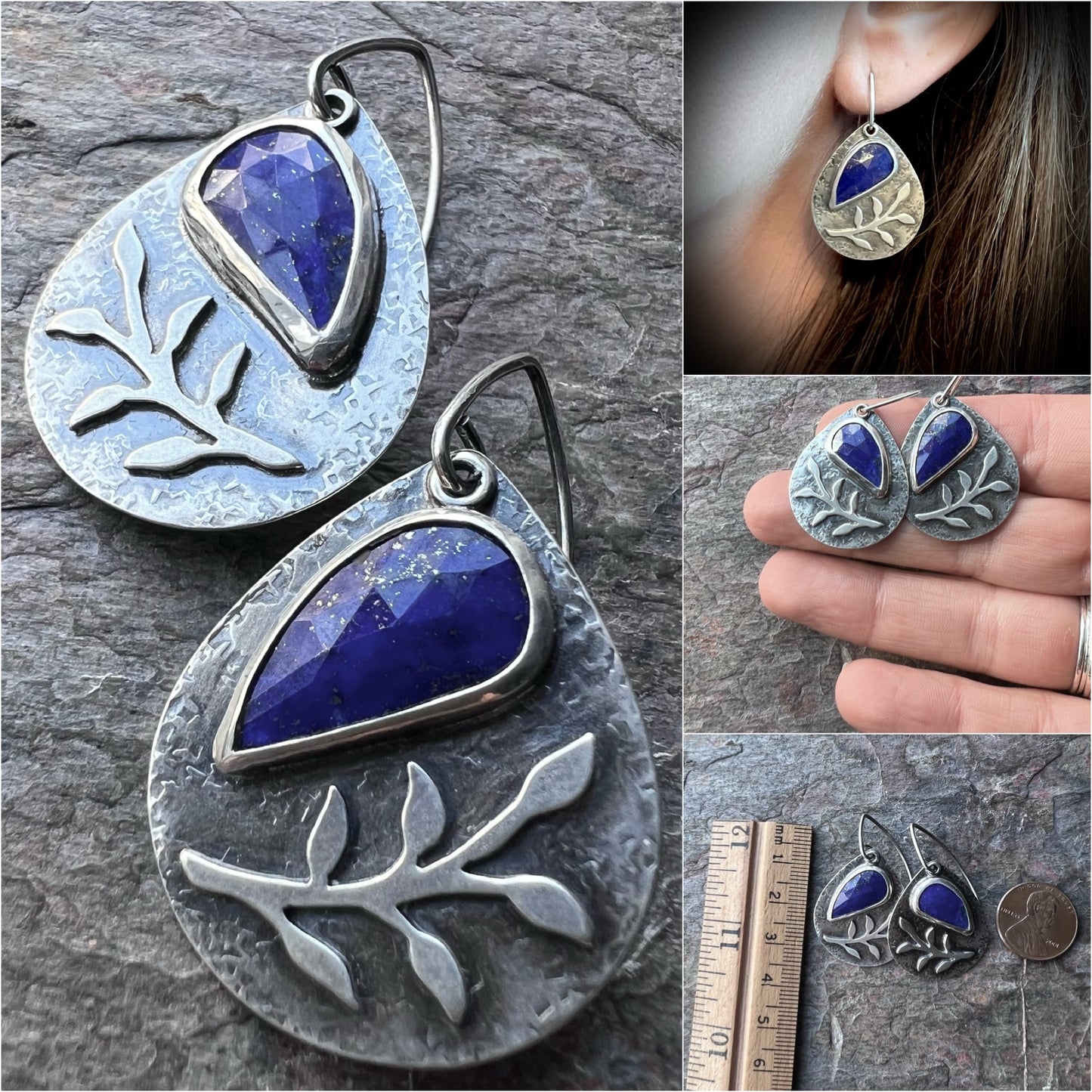 Sterling Silver Lapis Earrings Genuine Lapis Lazuli Blue Natural Stone Teardrop Dangle Earrings One of a Kind Handmade Jewelry
