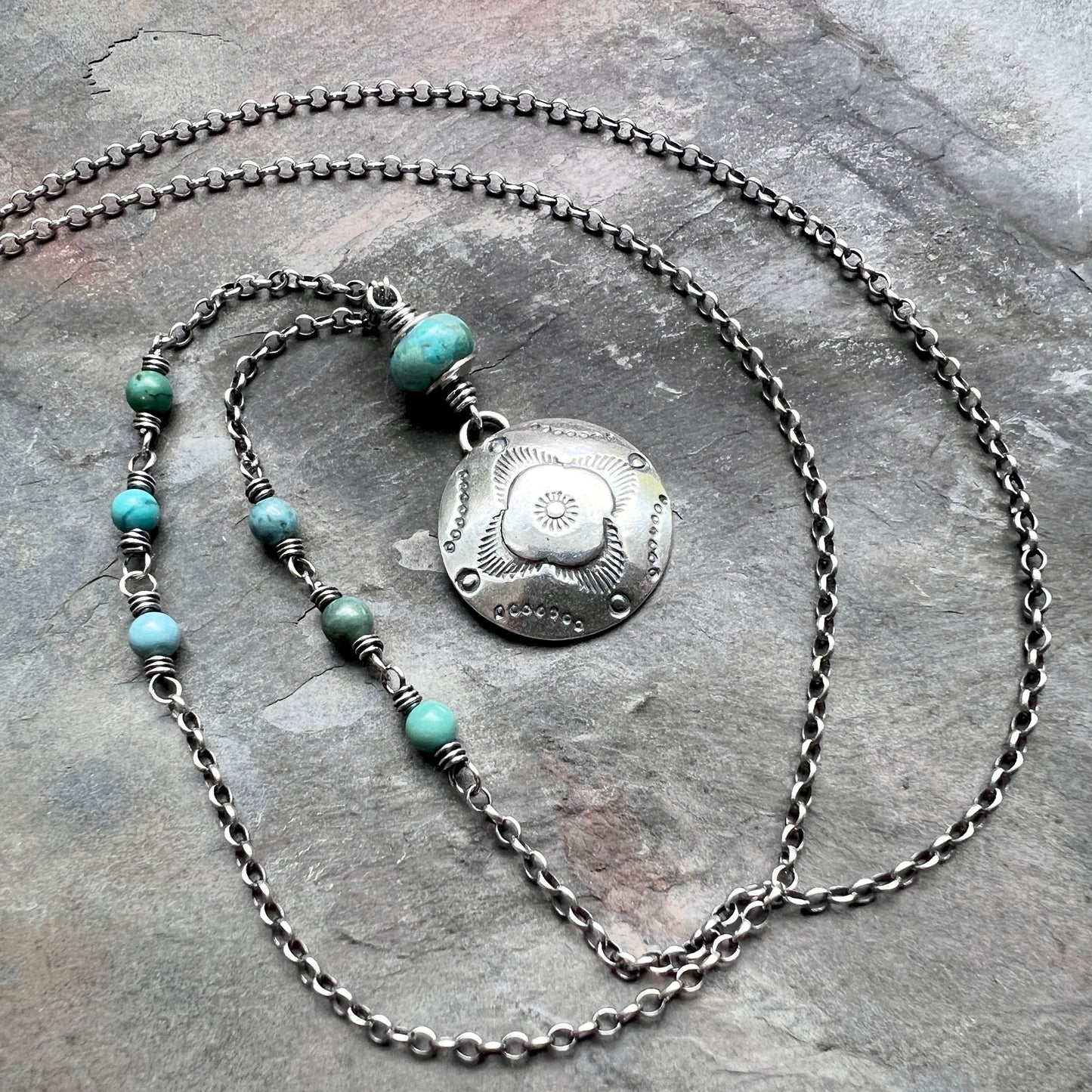 Sterling Silver Turquoise Necklace | Stamped Pendant with Genuine Turquoise Stone Beads