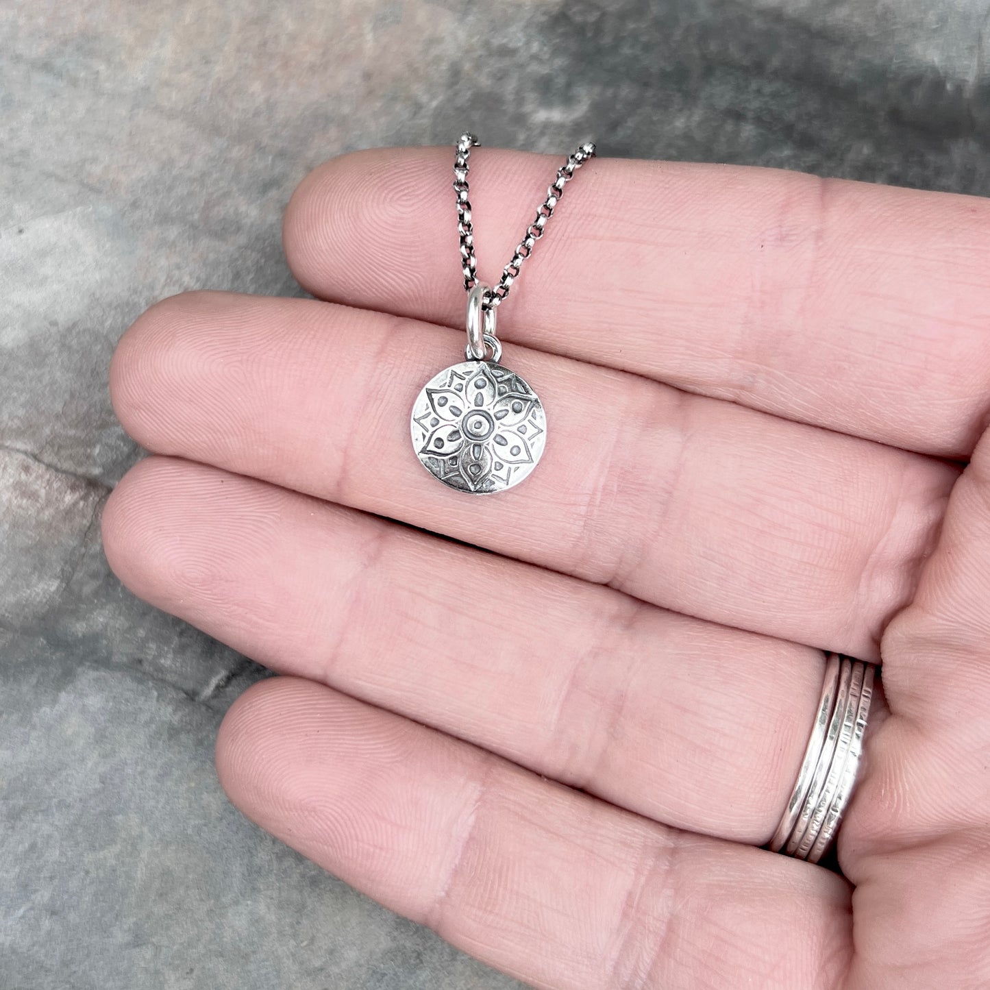 Sterling Silver Small Flower Medallion Necklace | Stamped Silver Circle Pendant on Lightweight Chain