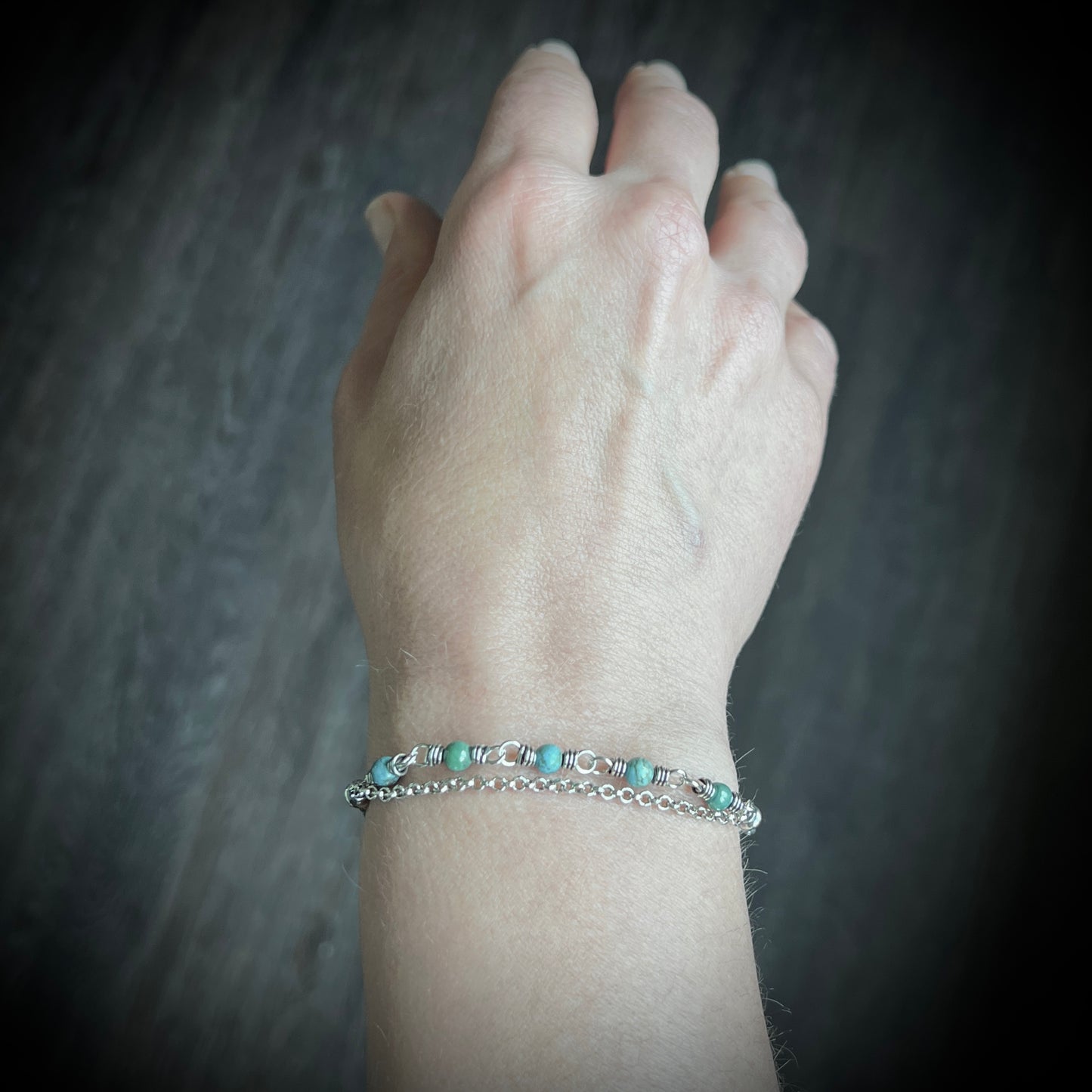 Sterling Silver Turquoise Bracelet | Genuine Turquoise Wire-wrapped Chain Bracelet