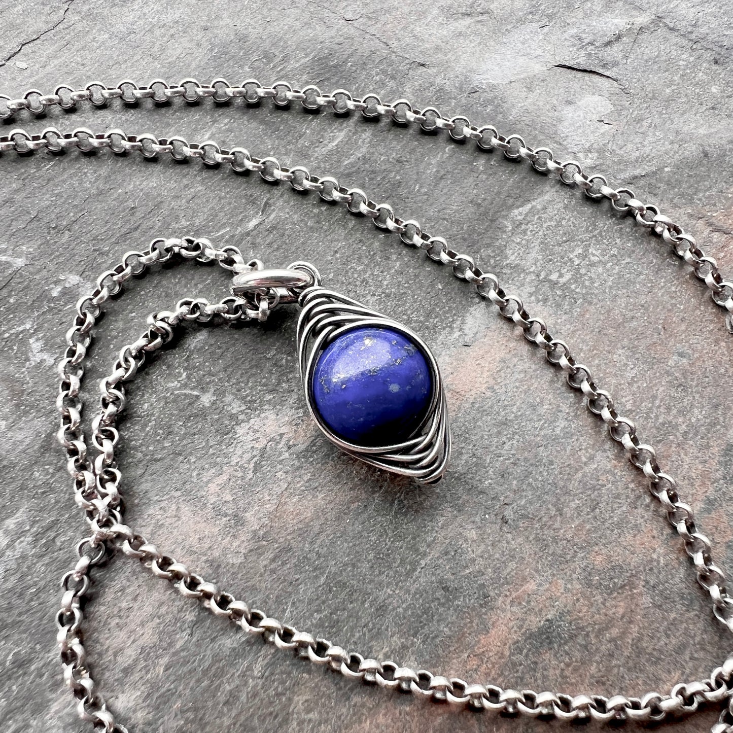 Sterling Silver Lapis Lazuli Necklace | Blue Natural Stone Wire-wrapped Pendant