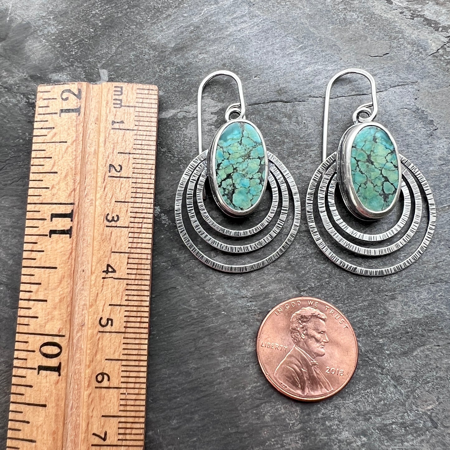 Genuine Turquoise Sterling Silver Earrings | Natural Stone Cabochons with Textured Hoop Dangles