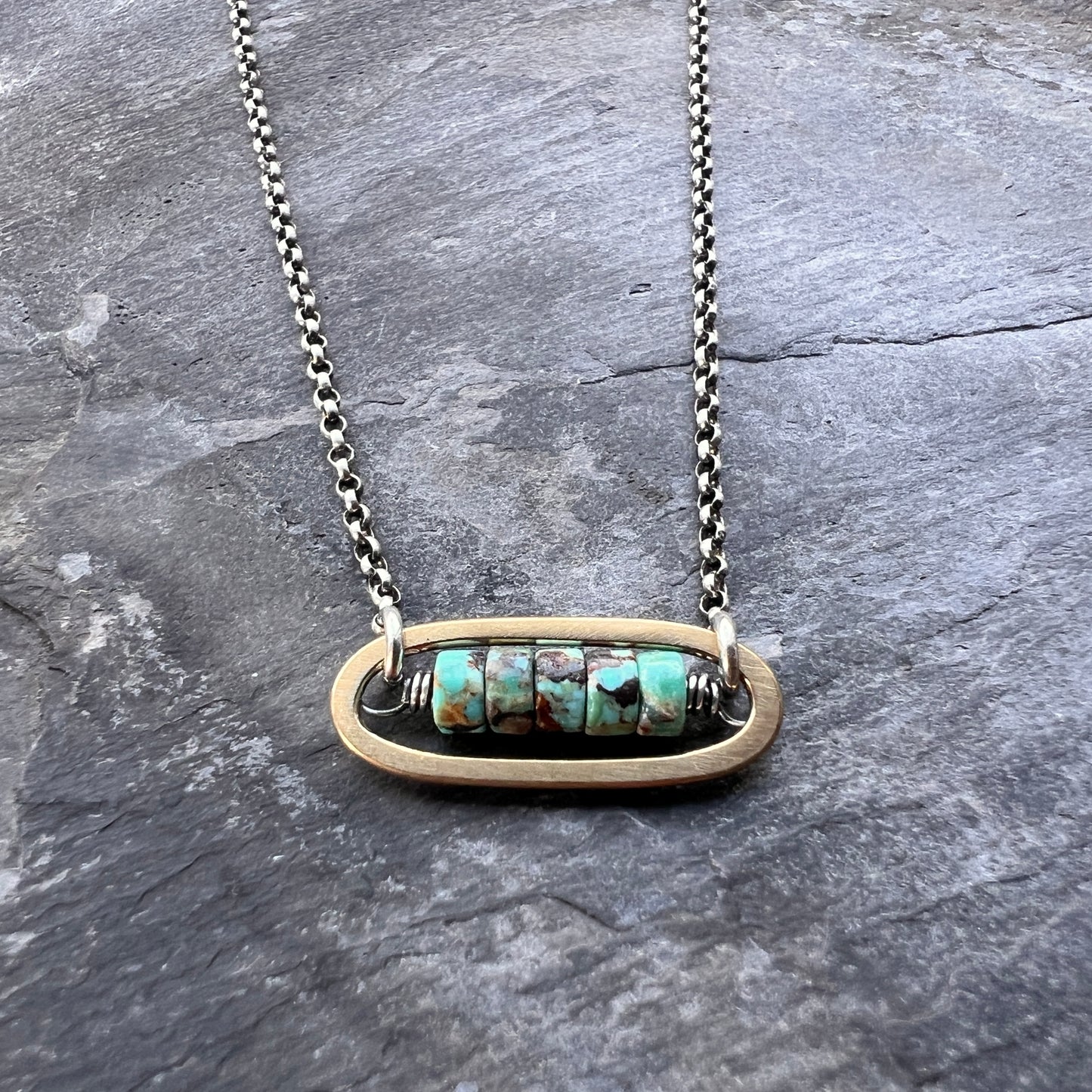 Turquoise Sterling Silver Necklace | Mixed Metal Brown Matrix Turquoise Small Pendant